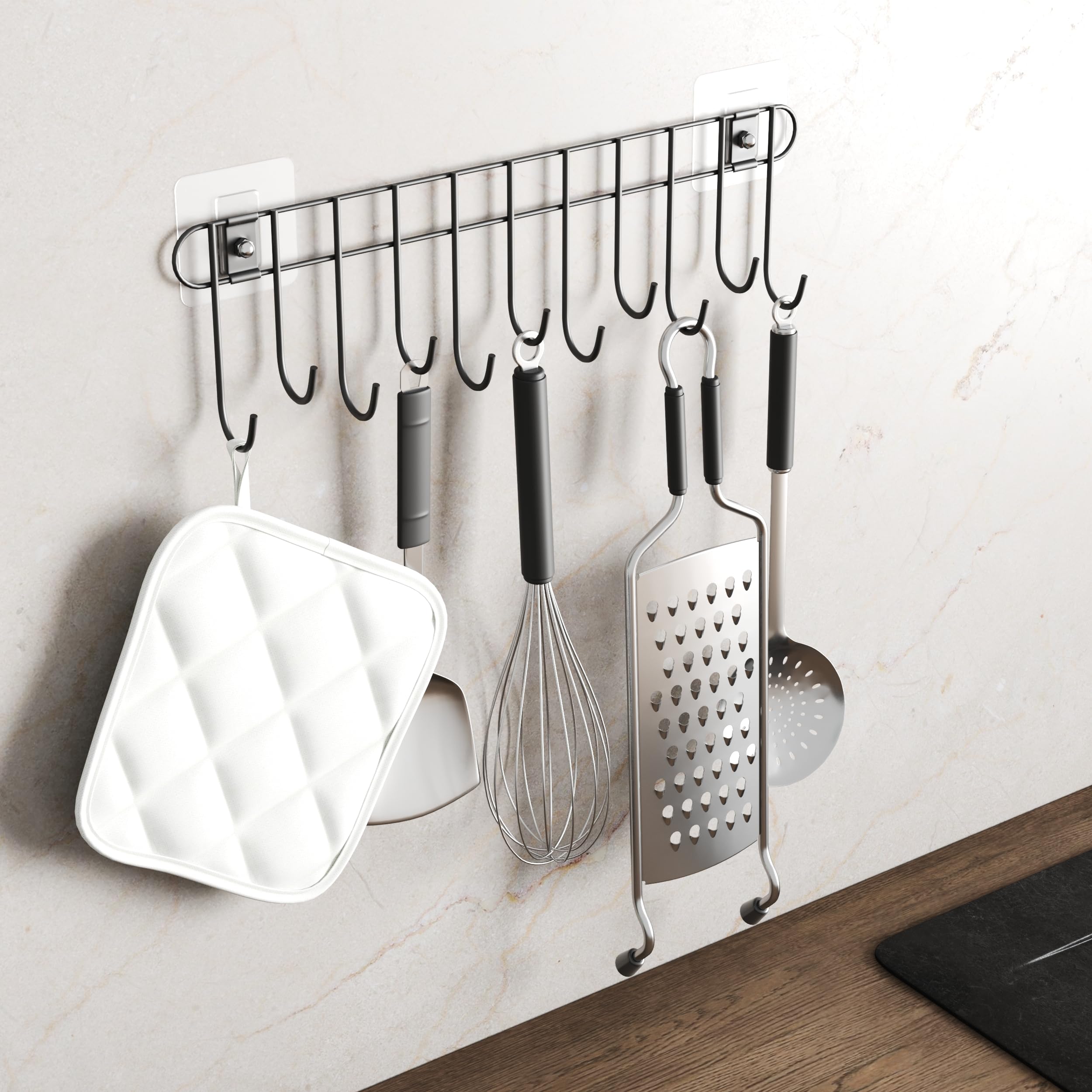 LAPO Premium Multipurpose Utensil Hanger for Kitchen, Space-Saving Wall Mounted Steel Rack with 11 Hooks for Spoon, Ladle & Cutlery Organizer,3 Years Warranty (Black, Pack of 1)-image-26
