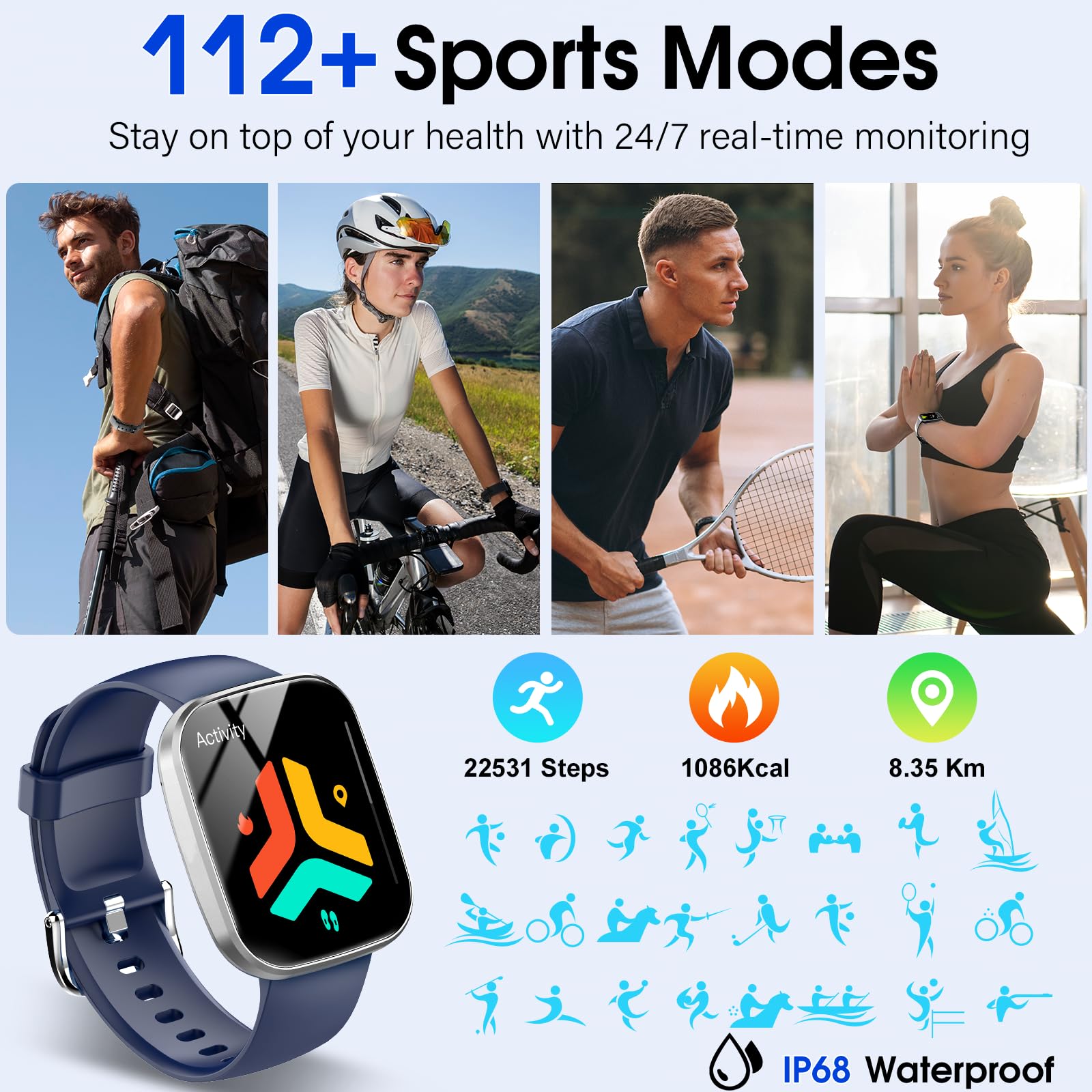 Csasan Smartwatch Uomo Donna con Effettua/Risposta Chiamate, 1.91'' HD Orologio Smartwatch con Contapassi/Sonno/Cardiofrequenzimetro, 110+ Modalità Sportive Fitness Tracker Impermeabile IP68, Blu