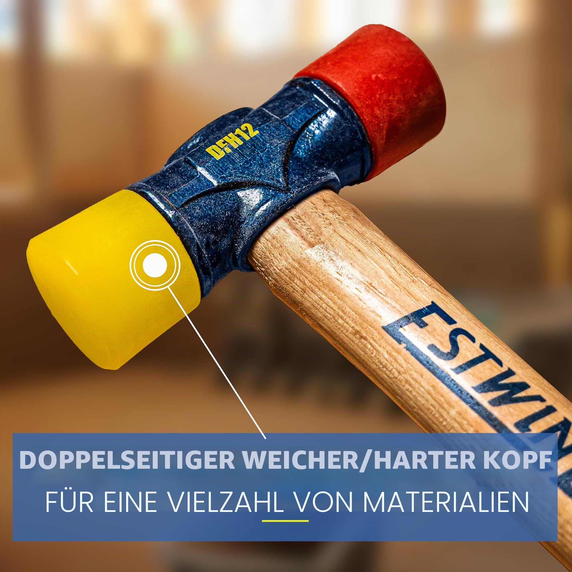 Estwing - DFH-12 Gummihammer – 340 g doppelseitiger Hammer mit weichen/harten Spitzen und Hickory-Holzgriff – DFH12, Schwarz, Rot und Gelb