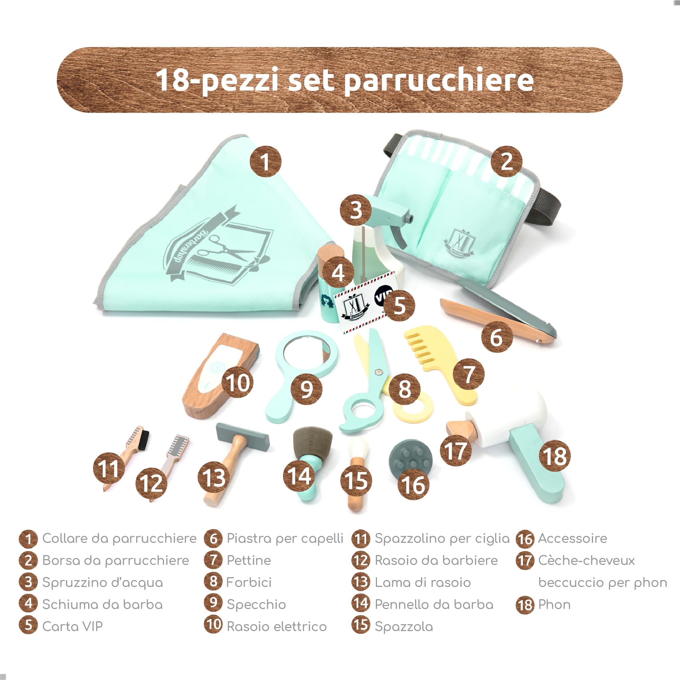 UMU® Set Parrucchiere Bambini in Legno con Borsa Strumenti: Mantello, Forbici, Piastra, Specchio e Altro, Gioco d'Imitazione, 18 Pezzi Kit Capelli per Bambino e Bambina da 3, 4, 5 Anni
