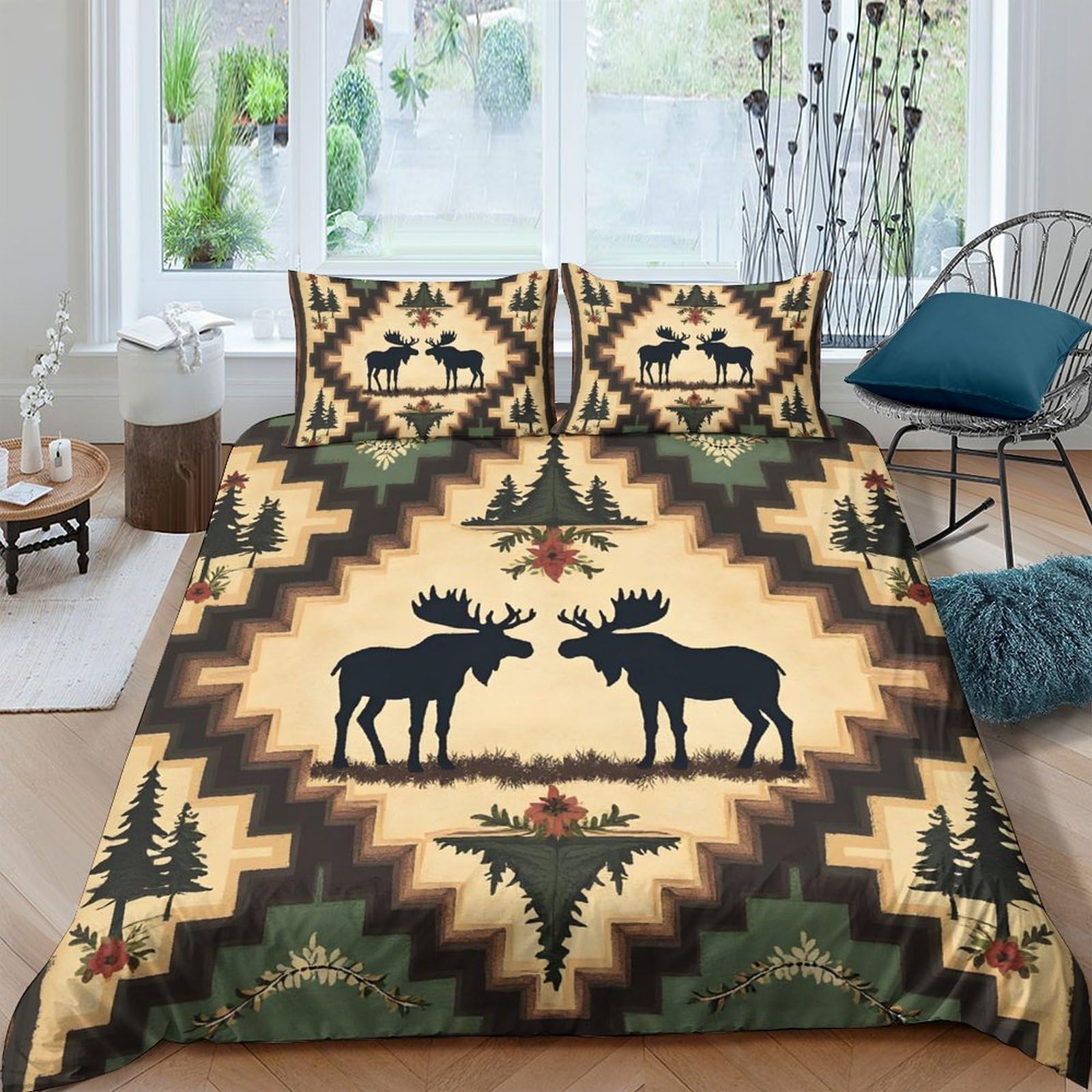 Ctjqhvkz Style-4 3D Printed Rustic Moose Fitted Sheet Microfiber Soft Breathable Forest Tree Bed Cover For Bedroom Guest Room Decor Single（135X200cm）