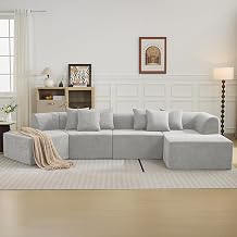 140Oversized Cloud Velvet Curved Sectional Couch, Boneless Couch with L-Shape Chaise, Upholstered Compression Memory Foam Modular Sectional Sofa for Living Room, No Assembly Required, Grey