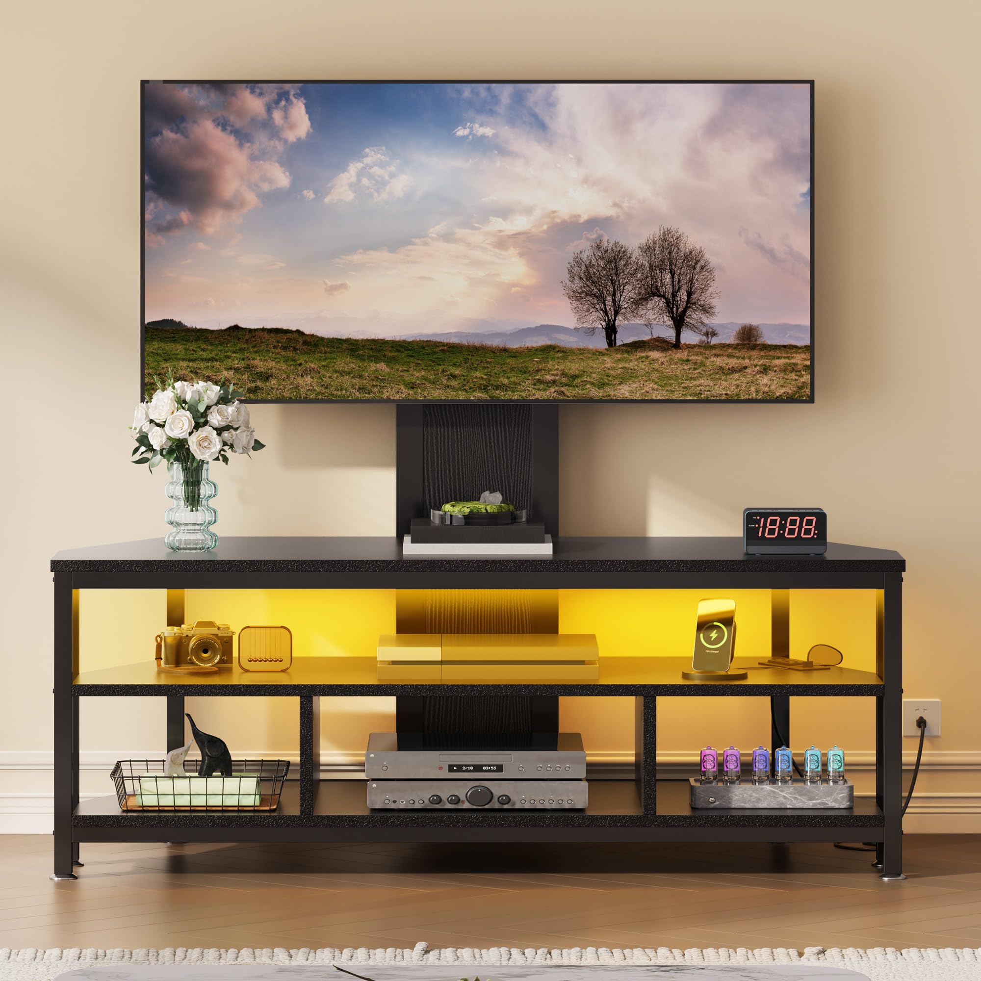DWVO Black TV Stands for Living Room w/Power Outlet, TV Stand with Mount, LED Entertainment Center for 70/65/60 inch TV, Height Adjustable TV Console Cabinet, Black