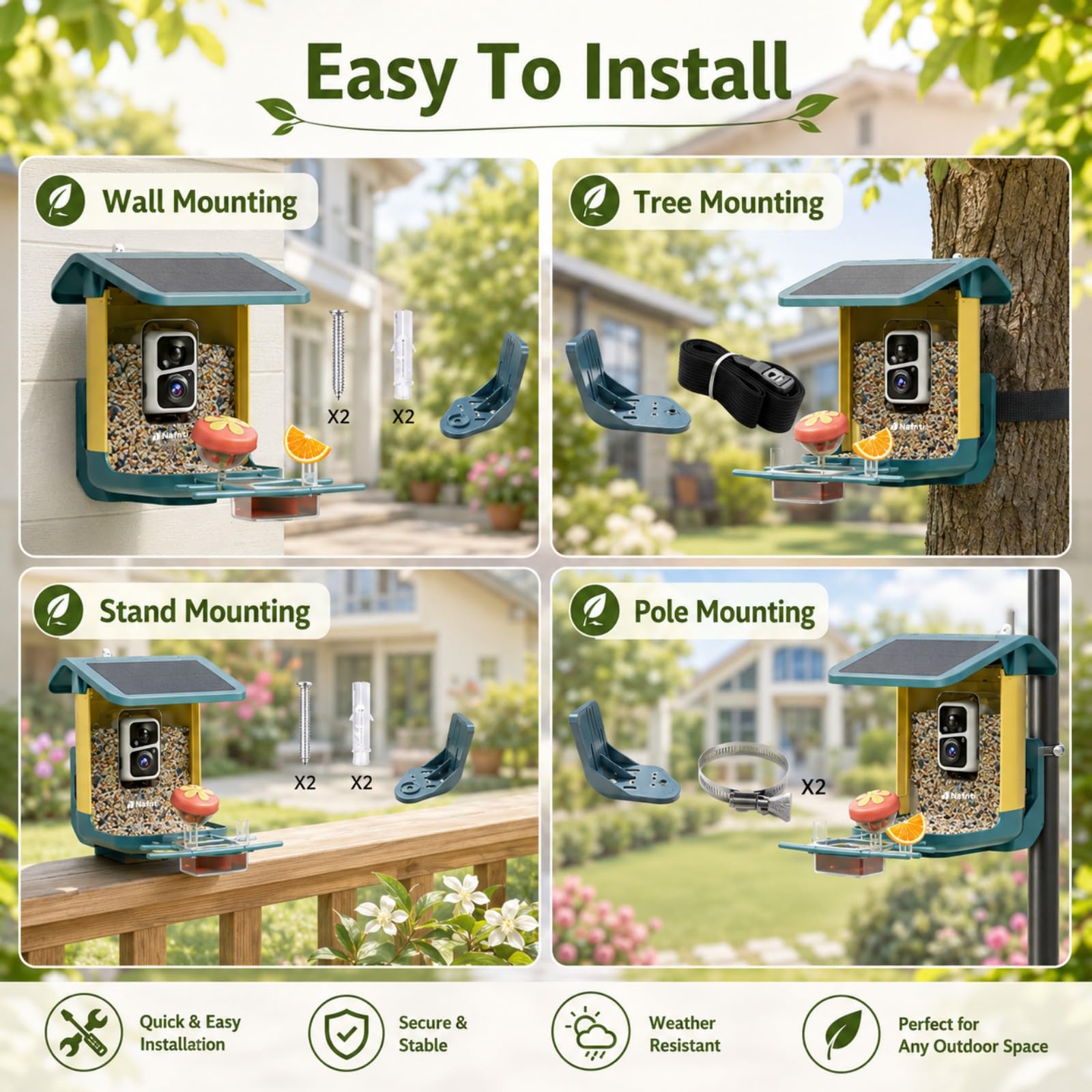Comedero para pájaros con cámara alimentada por energía solar, 2K HD Live, AI Bird ID 1.8L