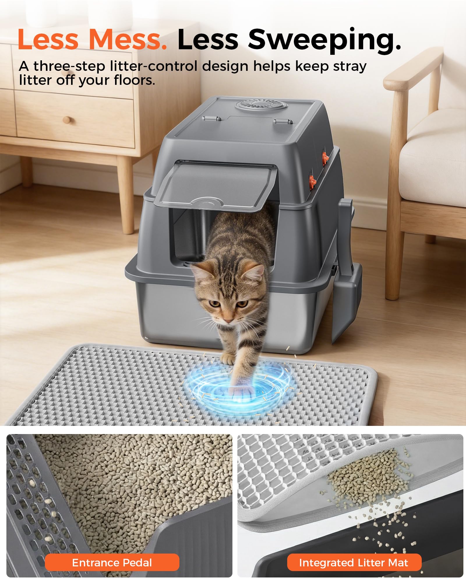 GTPLAYER XXL Stainless Steel Cat Litter Box with Lid, High Sided Enclosed Covered Litterbox, Activated Carbon Odor Control, Extra Large Metal Cat Box, Non-Stick, with Mat & Scoop, Grey - image 4