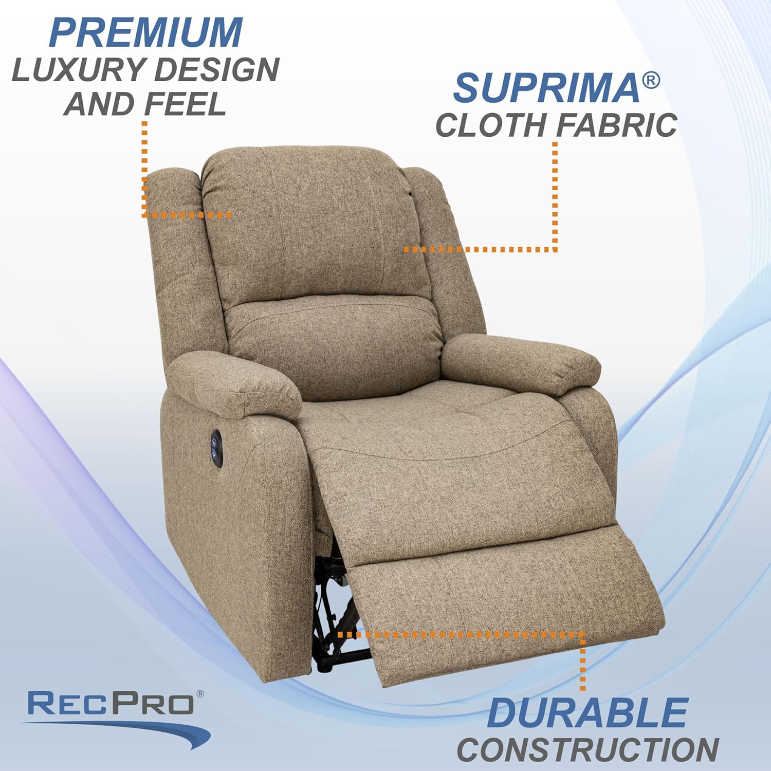 RecPro Charles Collection | 30" Powered Zero Wall RV Recliner | Wall Hugger Recliner | RV Living Room (Slideout) Chair | RV Furniture | RV Chair | Cloth (Oatmeal, 2 Chairs)