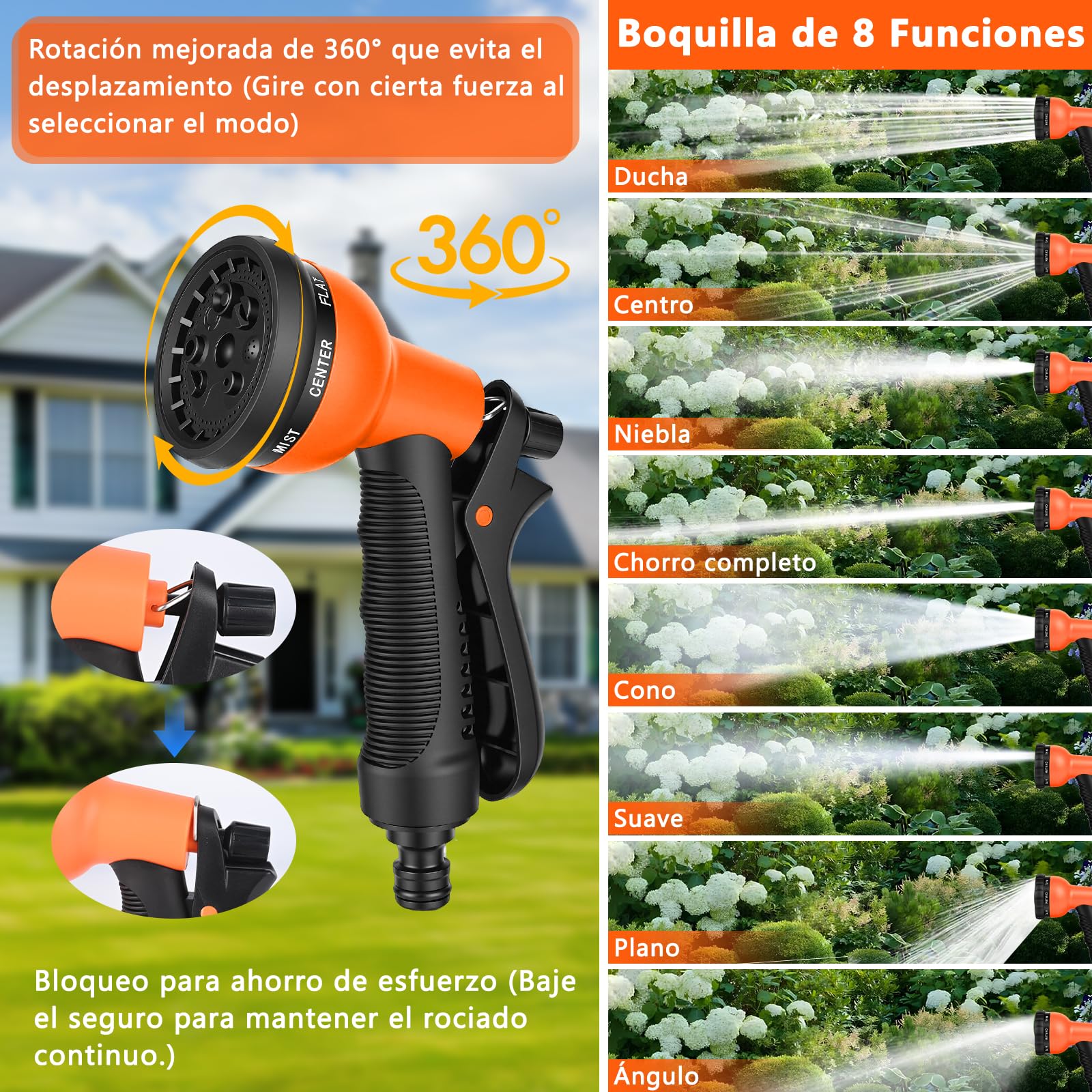 Manguera Jardin Extensible Flexibles 30m Rociador con Conexión de Grifo de 1/2 y 3/4, 8 Funciones con Bolsa de Almacenamient Soporte para Jardín Autocaravana Camping (Naranja)