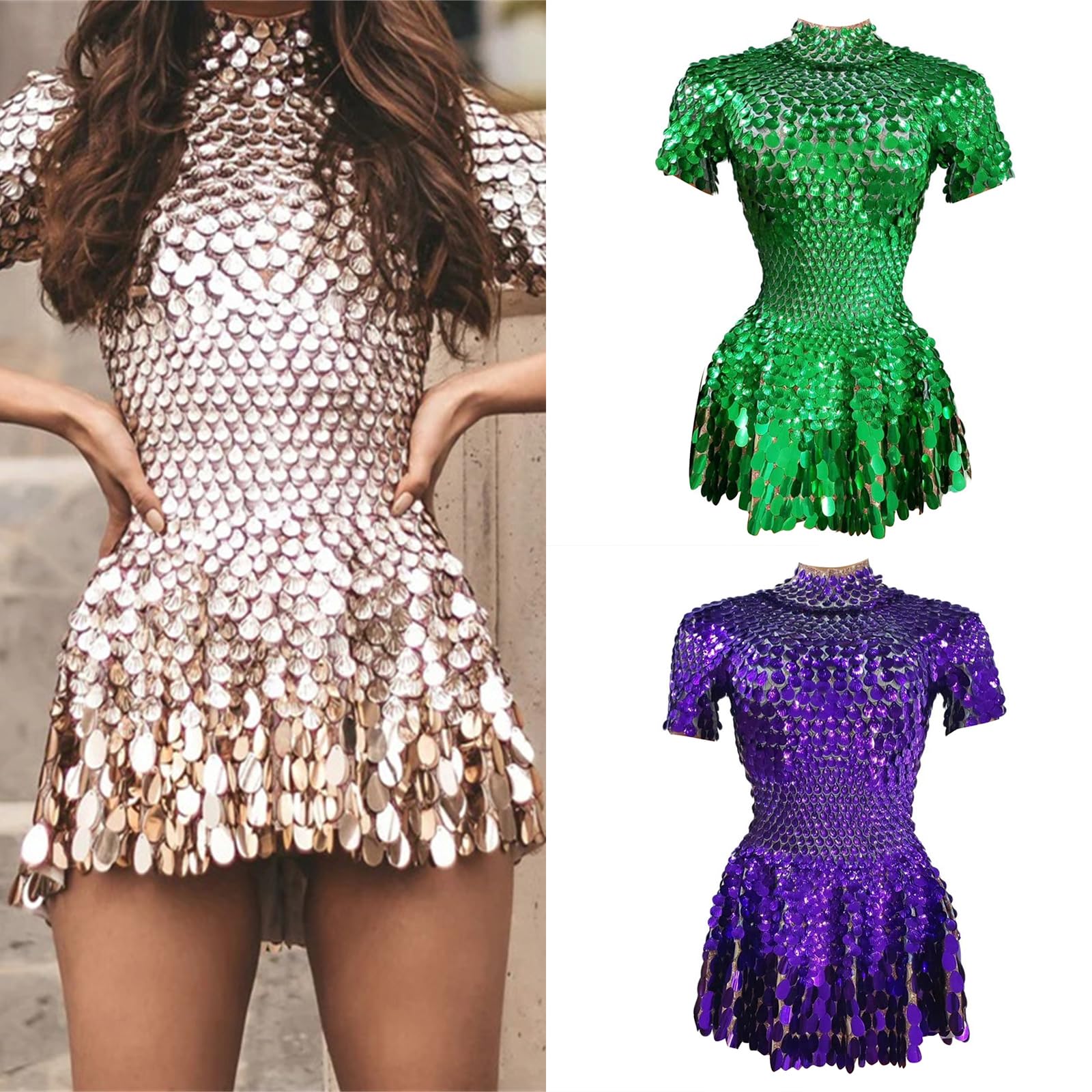 Farbige Pailletten, Tanzkleidung, flexibles Design, figurbetontes Kleid, bequem zu tragen für Motto-Partys und Tanzwettbewerbe, Party, Tanzbekleidung