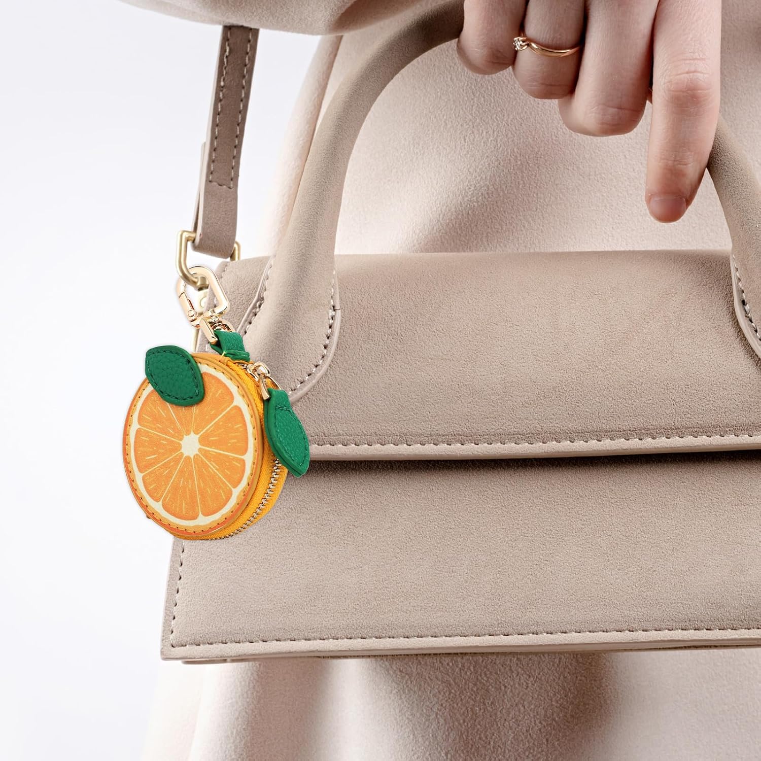 Cute Orange Bag Charm, Y2K Orange Leather Purse Charm Coin Pouch with Zipper Mini Fruit Leather Coin Purse Keychain for Women - Image 6