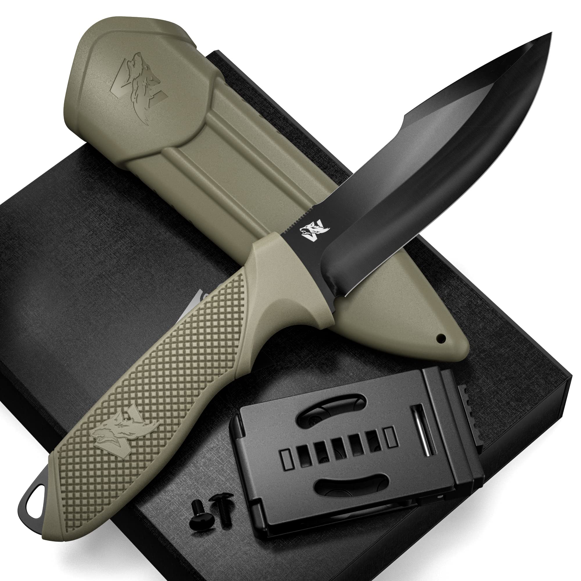 ODENWOLF WOLF-II Full Tang Survival Knife - Tactical Fixed Blade with Sheath and Multi Lok - D2 Steel - Bushcraft & Camping Knife - EDC Outdoor with