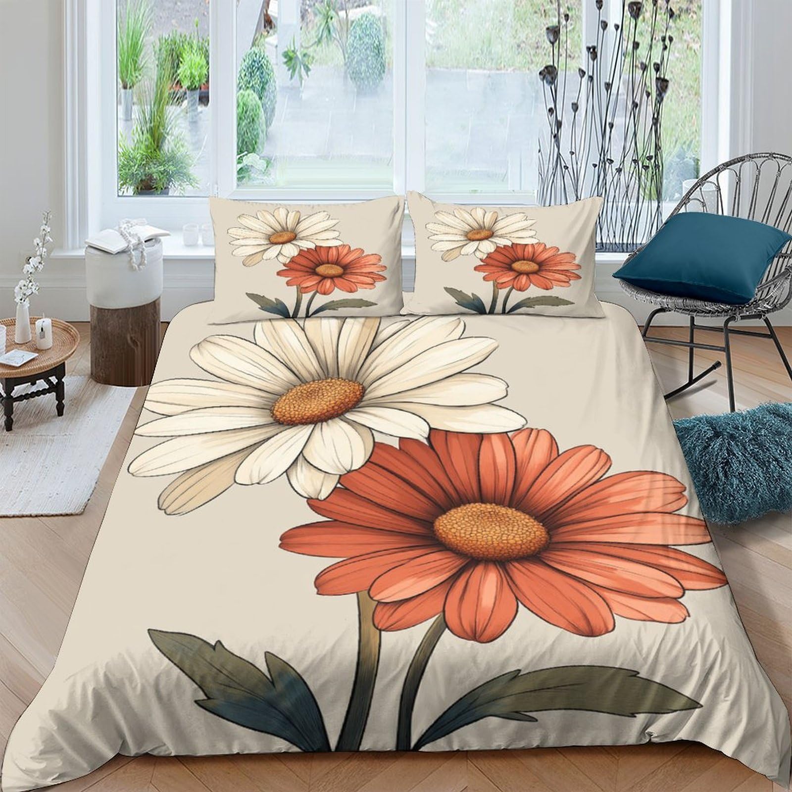 Ctjqhvkz Style-7 3D Printed Orange Daisy Fitted Sheet Microfiber Soft Floral Bed Cover For Bedroom Decor Guest Room Easy Care Single（135X200cm）