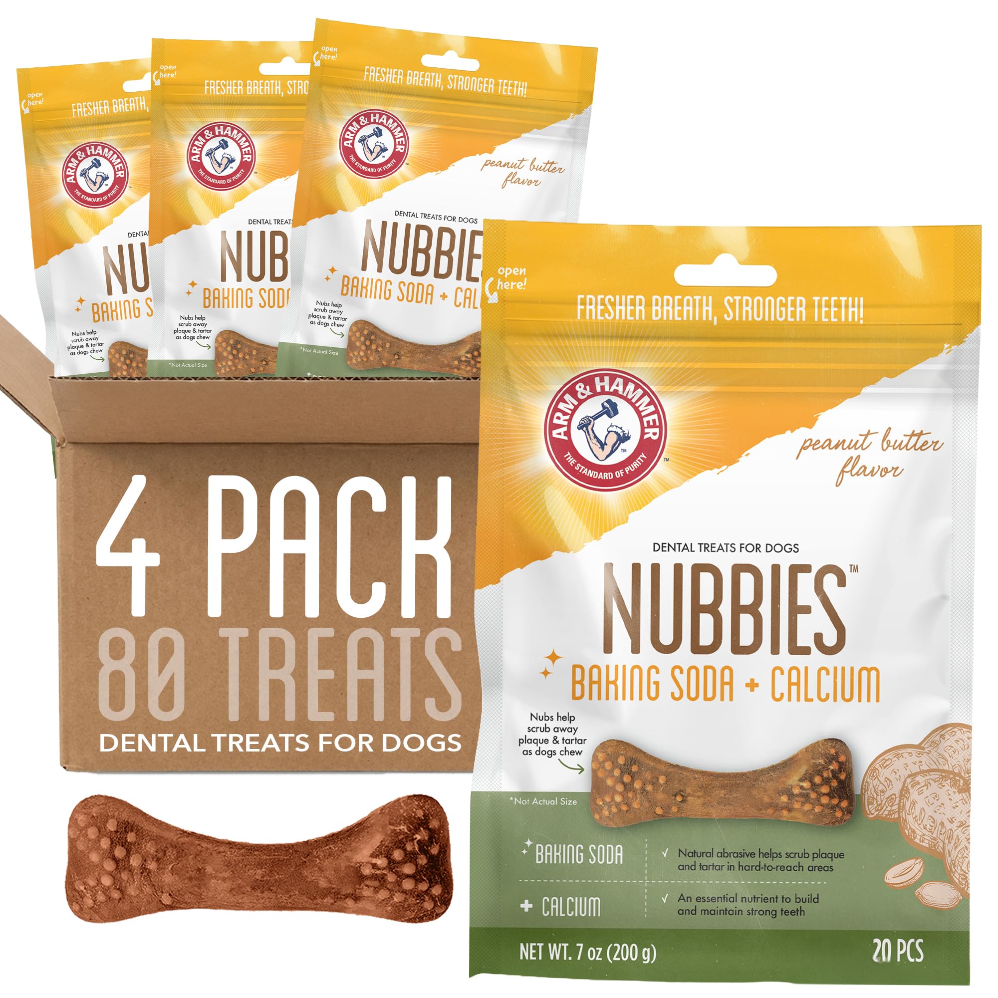 Arm & Hammer for Pets Nubbies Dental Treats for Dogs with Baking Soda and Calcium, Treat Chews Help Fight Bad Breath, Plaque & Tartar without Brushing, Peanut Butter, 20 Pcs, 4pk (Packaging may vary)
