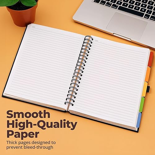 Miniatura 5 de Cuaderno de espiral forrado de cuero de tapa dura de 8 x 10 pulgadas con divisores extraíbles, color negro, 300 páginas, 5 materias, cuaderno de