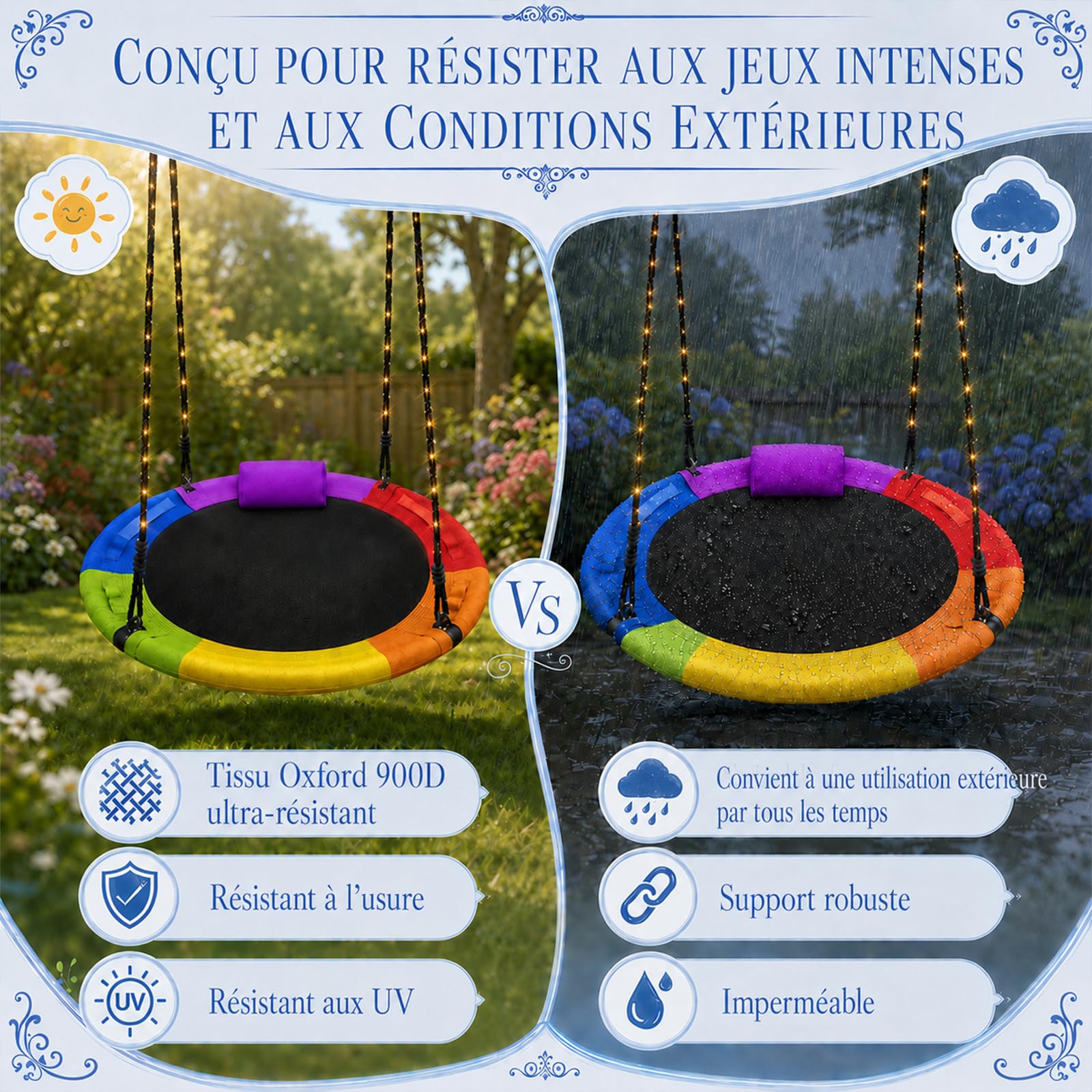 Balancoire Nid d'Oiseau Extérieur 100cm, Balançoire Nid d’Oiseau Jardin Rond Capacité Max. 300 kg avec Guirlande Lumineuse, Pivotante à 360° et Kit de Montage pour Enfants et Adultes (Rouge)