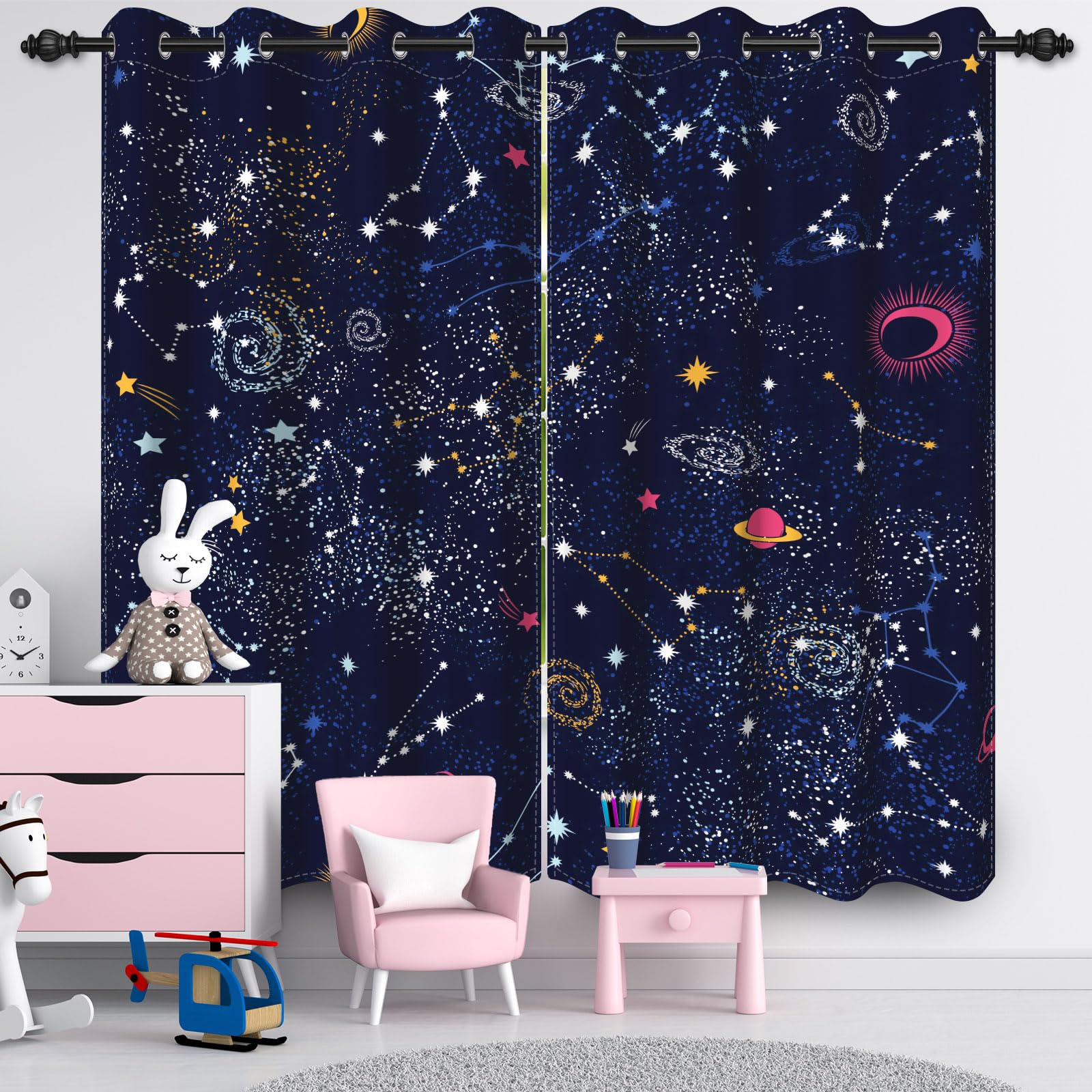 Ruelvth Galaxy Blackout Curtains for Kids, Moon and Star Window Curtains for Boys Girls Bedroom Blue Nursery Window Curtains with Grommets, 53x96 Inch, 2 Panels