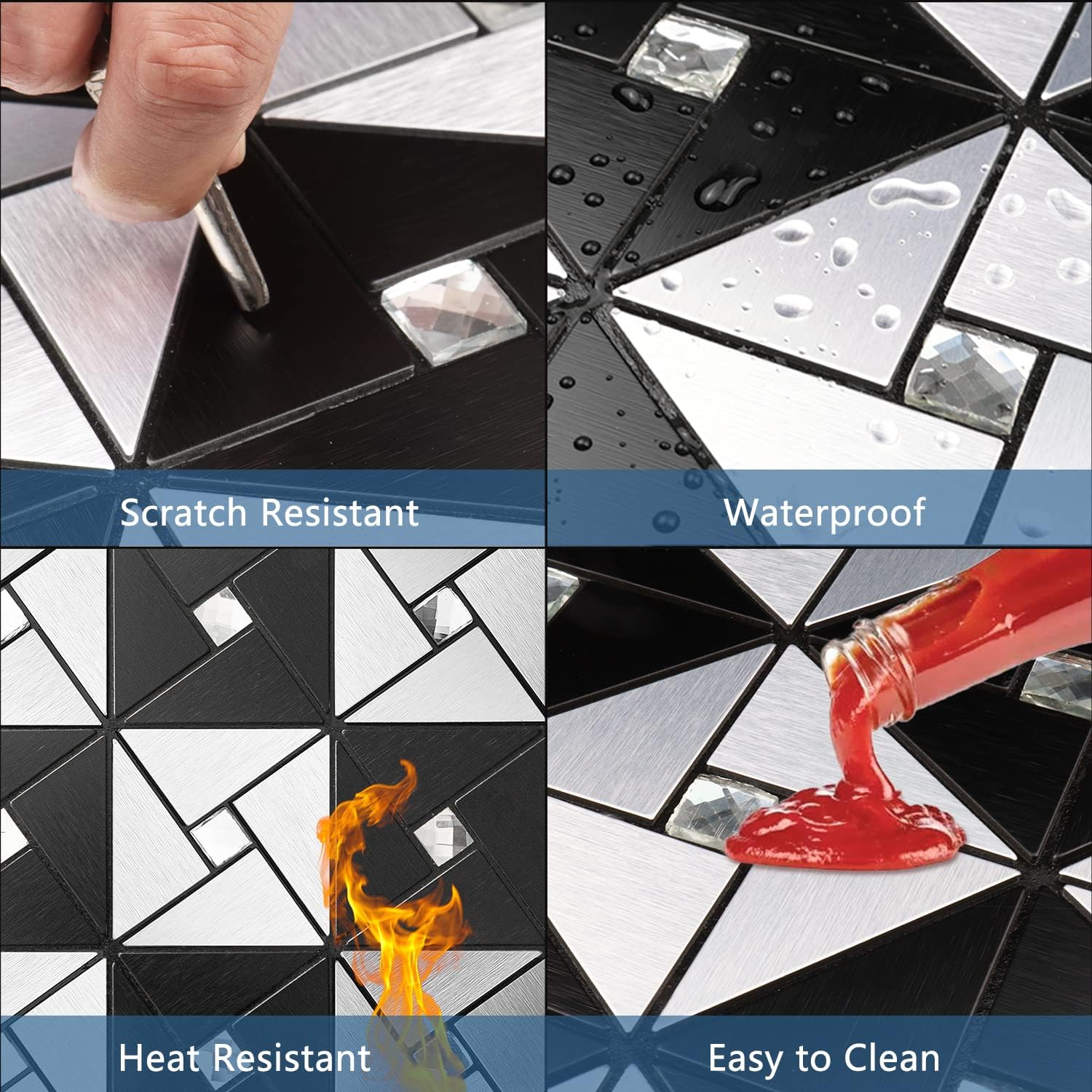 Vamos Tile Peel and Stick Backsplash Tile with Gloves - Metal Tile Stick on Backsplash for Kitchen and Bathroom Black&Silver Windmill Puzzle Glass Mixed Self Adhesive Mosaic Tiles(12"x12"x10 Sheets)