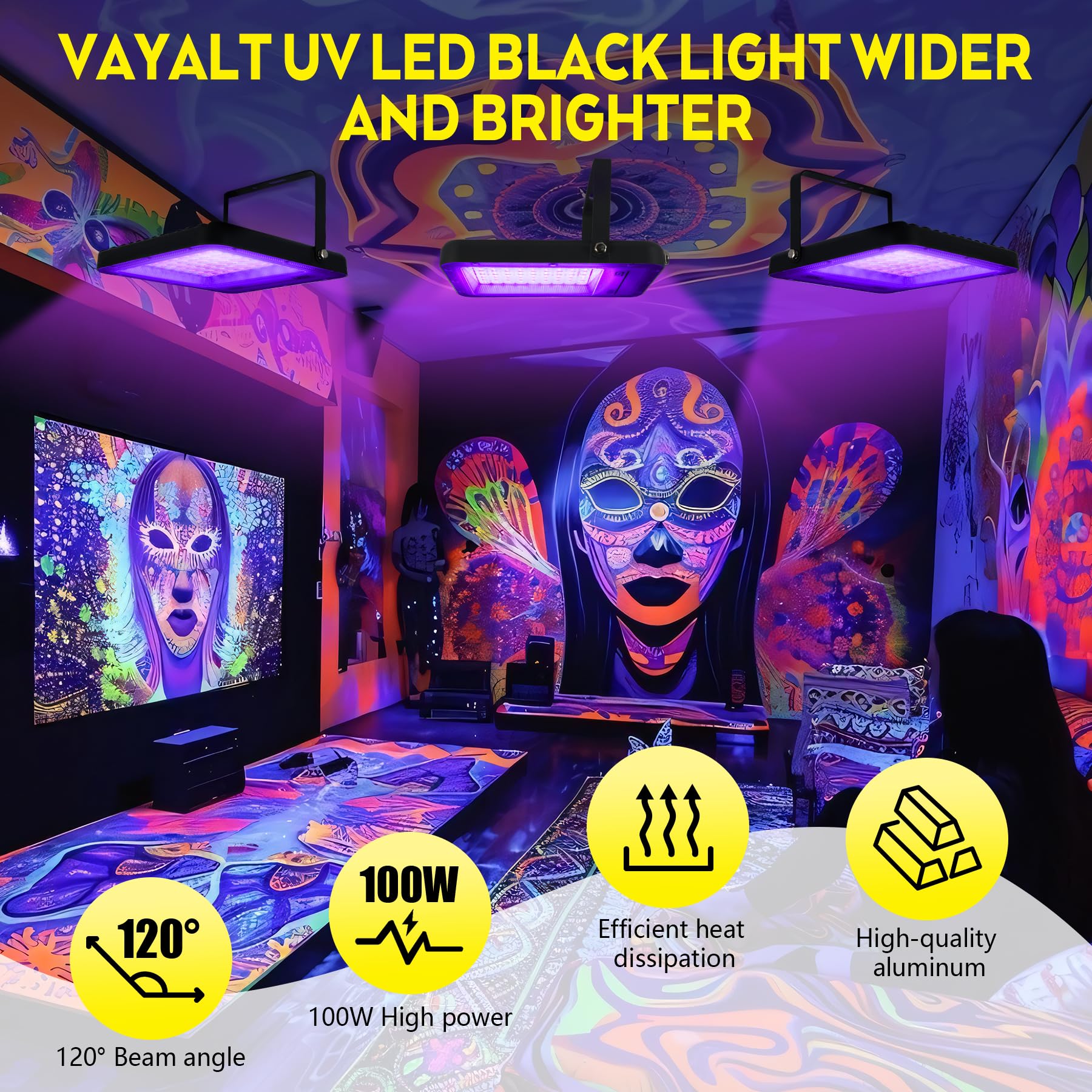 VAYALT 2 Pcs 100W UV Lumière Noire, IP65 Étanche, 395nm Lumière Noire Ultraviolet, pour Soiree Fluo Party, Body Painting, Disco, Bar, Aquarium, Halloween, Éclairage de Scène
