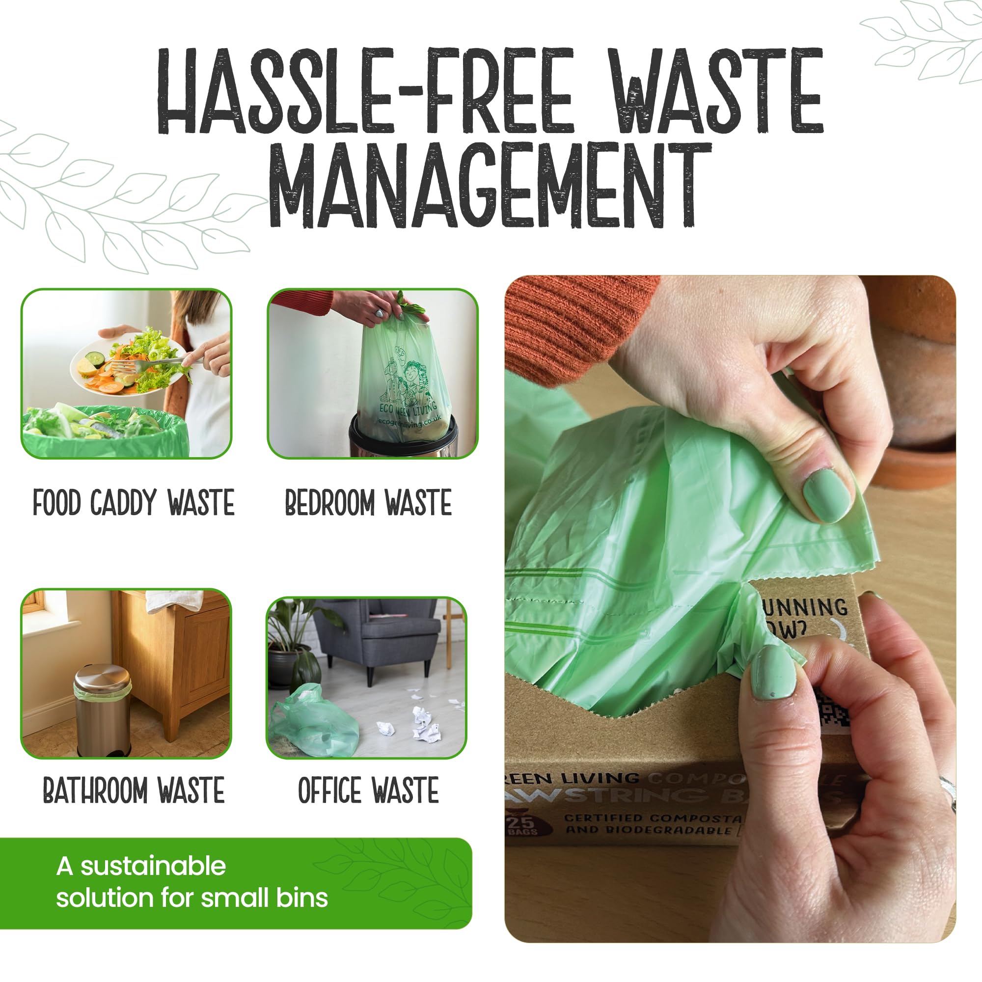 Eco Green Living Sacchi per la spazzatura compostabili da 8 litri con coulisse, senza plastica e anti-perdita, per bidoni da bagno, camera da letto e ufficio - 40 x 45 cm (25 sacchetti)