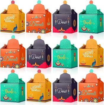 Eersida 12 Pcs Diwali Sweet Gift Boxes Happy Diwali Treat Gift Bags Party Favors Indian Festival of Lights Goodie Gable Boxes Decoration