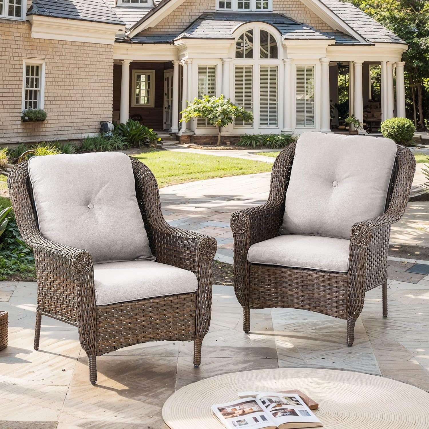 Outdoor Wicker Chair-Outdoor Dining Chairs Set of 2 with Soft Thick Cushion Outdoor Chairs for Patio Deck Porch Garden Backyard-Brown/Blue