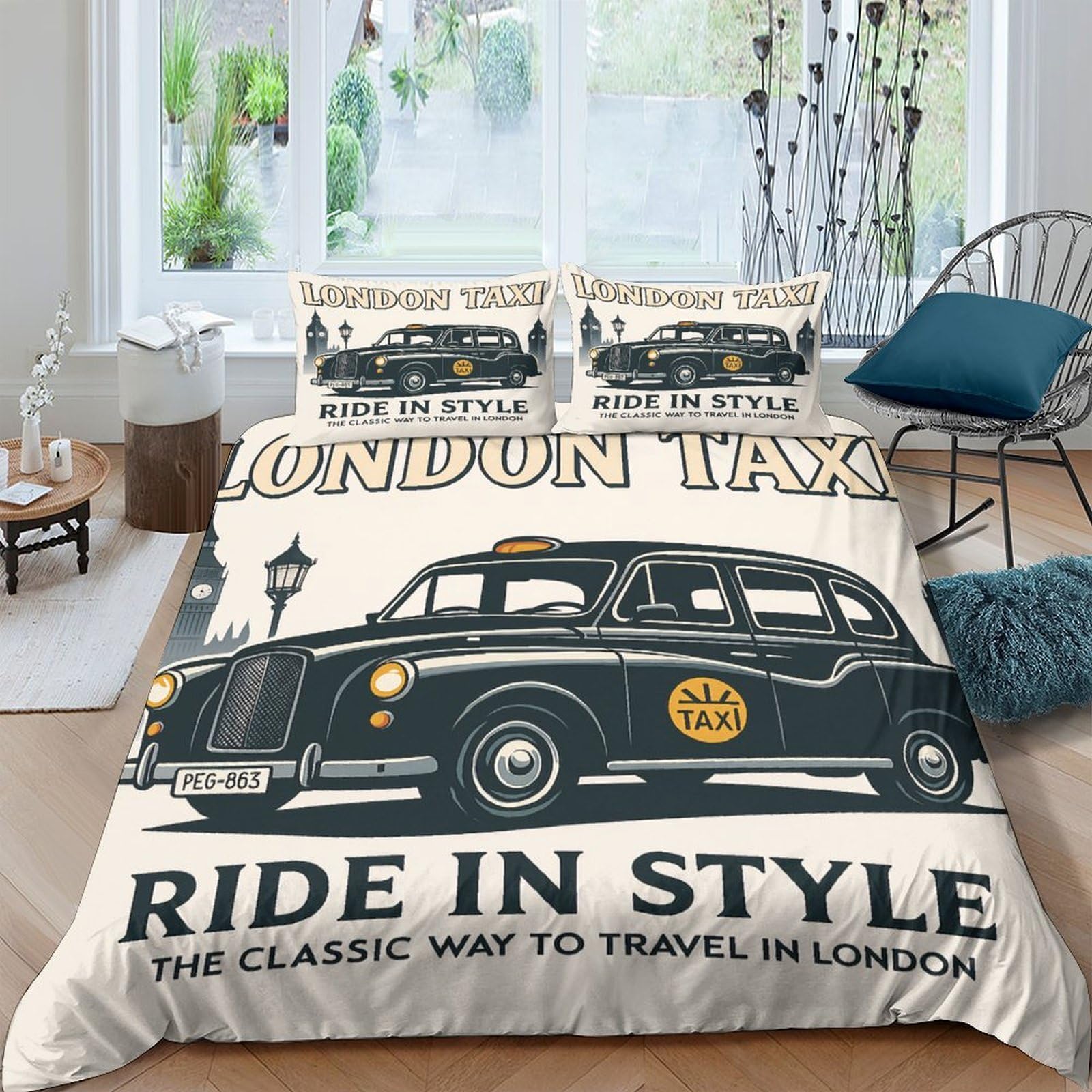 Ctjqhvkz Style-3 3D Printed London Taxi Fitted Sheet Microfiber Retro Car Bed Cover Anti-Slip Easy Care For Bedroom Guestroom Decor Single（135X200cm）