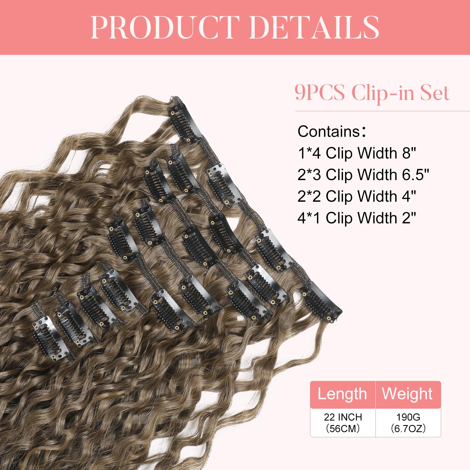 FLUFYMOOZ 9PCS Clip in Hair Extensions 22 Inch Curly Hair Extension Long Soft Synthetic Hairpieces for Women (Ash Brown to Blonde) - Image 3