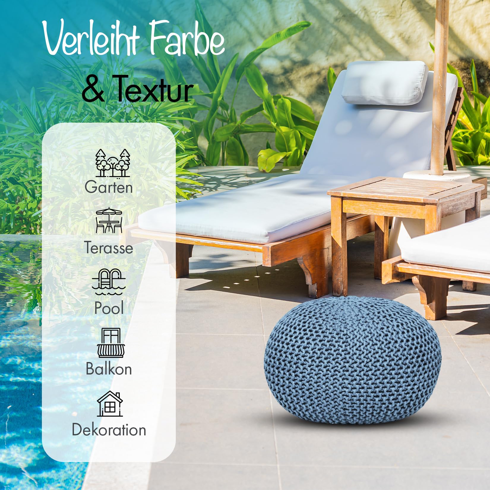 ELYFLAIR Outdoor Sitzpouf Wasserdicht - Grobstrick-Optik, 45cm Oder 55cm, Aus Recyceltem Kunststoff