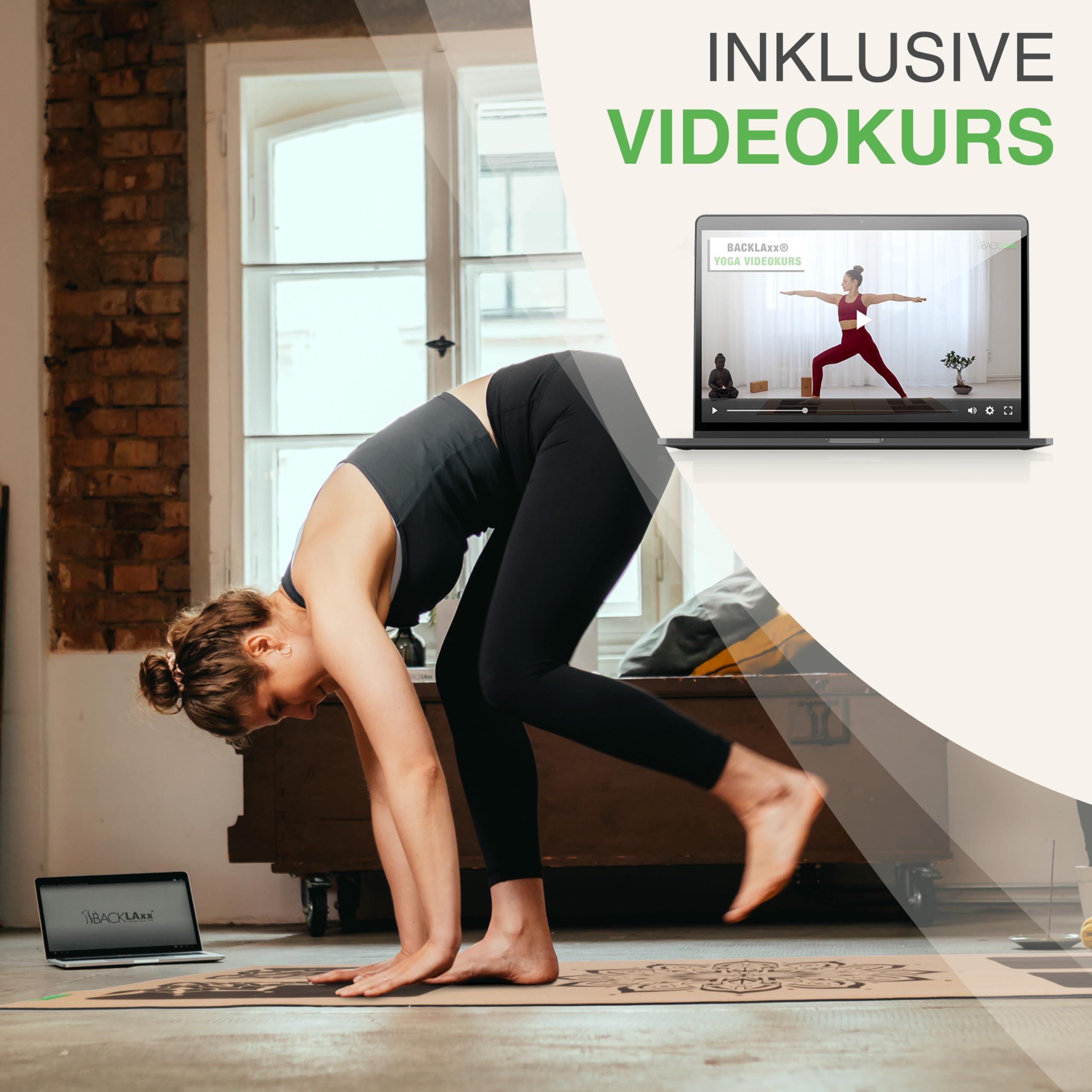 BACKLAXX ® Yogamatte Kork XXL [50% mehr Fläche] mit Naturkautschuk | Yoga-Matte rutschfest | nachhaltige Yogamatten | Fitnessmatte mit Anti-Rutsch-Zonen | inkl. Tragegurt