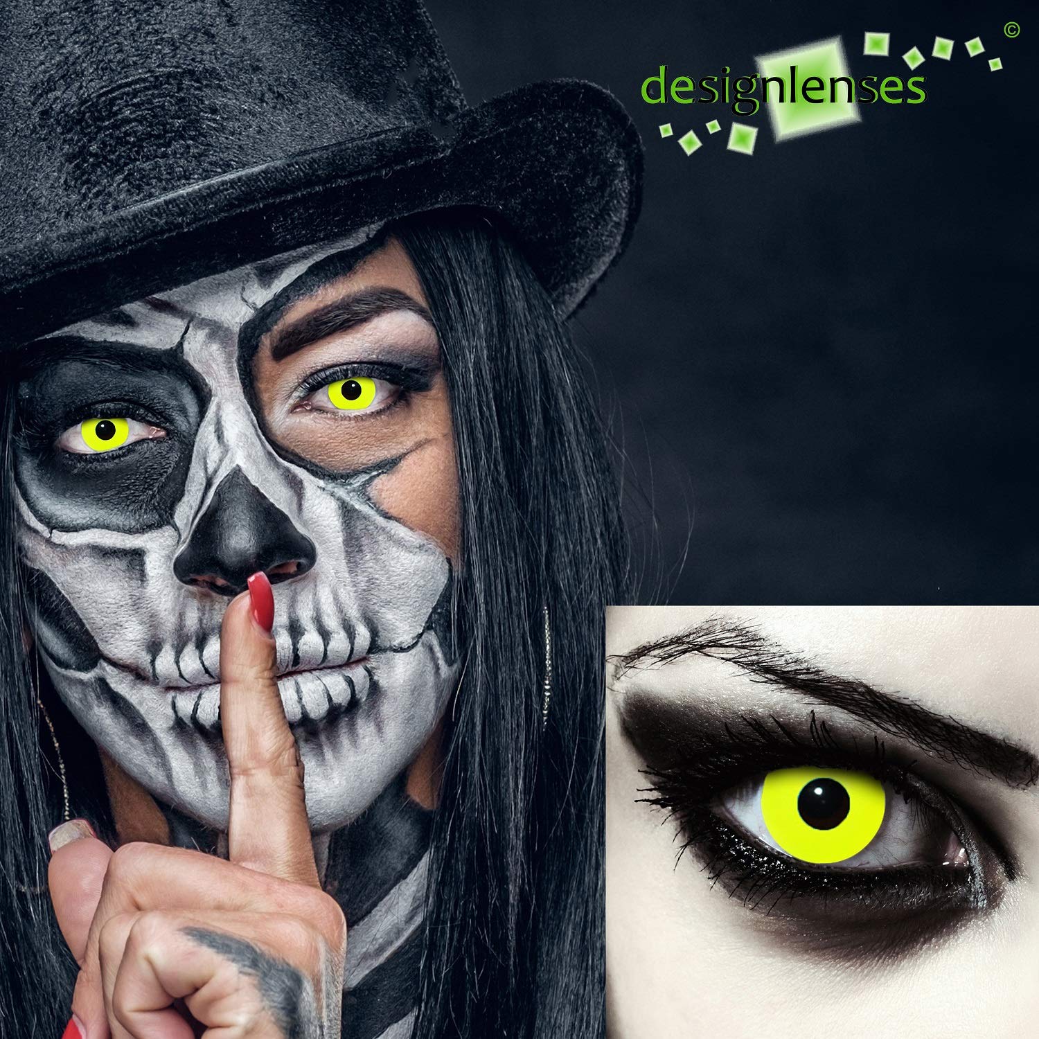 Lenti a contatto colorate gialle per costume di Halloween da zombie, senza gradazione, 1 paio (2 pezzi), lentes colore completamente giallo + custodia per lenti "Yellow Bigeye"