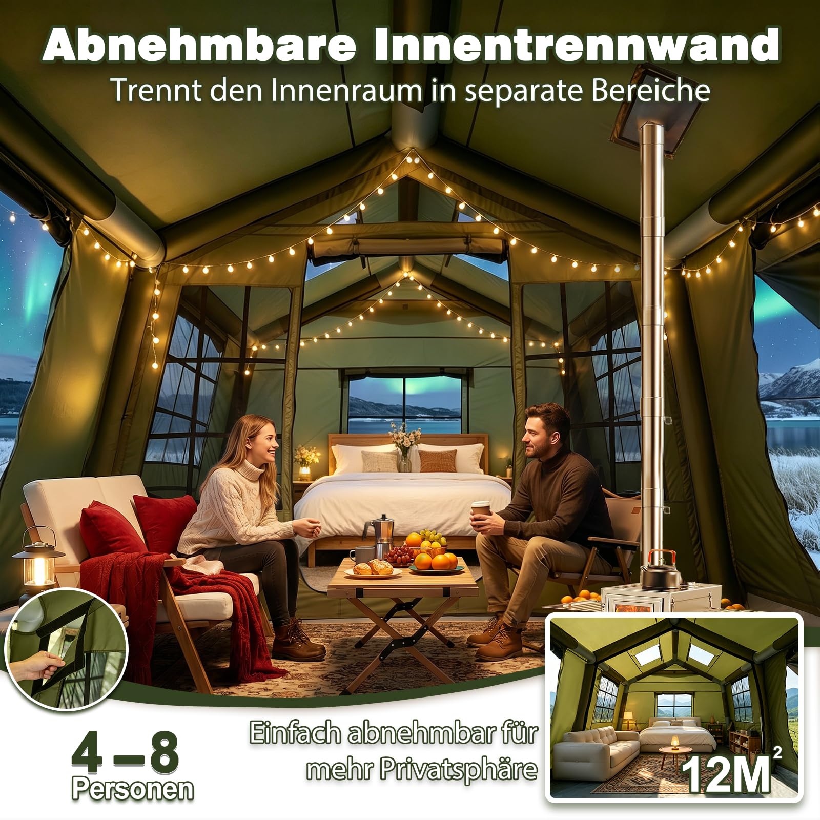 2-10Personen Aufblasbares Gampingzelt mit Oberlichter&Kaminöffnung, 420D Oxford Outdoor Familien Hauszelt Zelt, 4Jahreszeiten, wasserdichte, Ventilationssystem