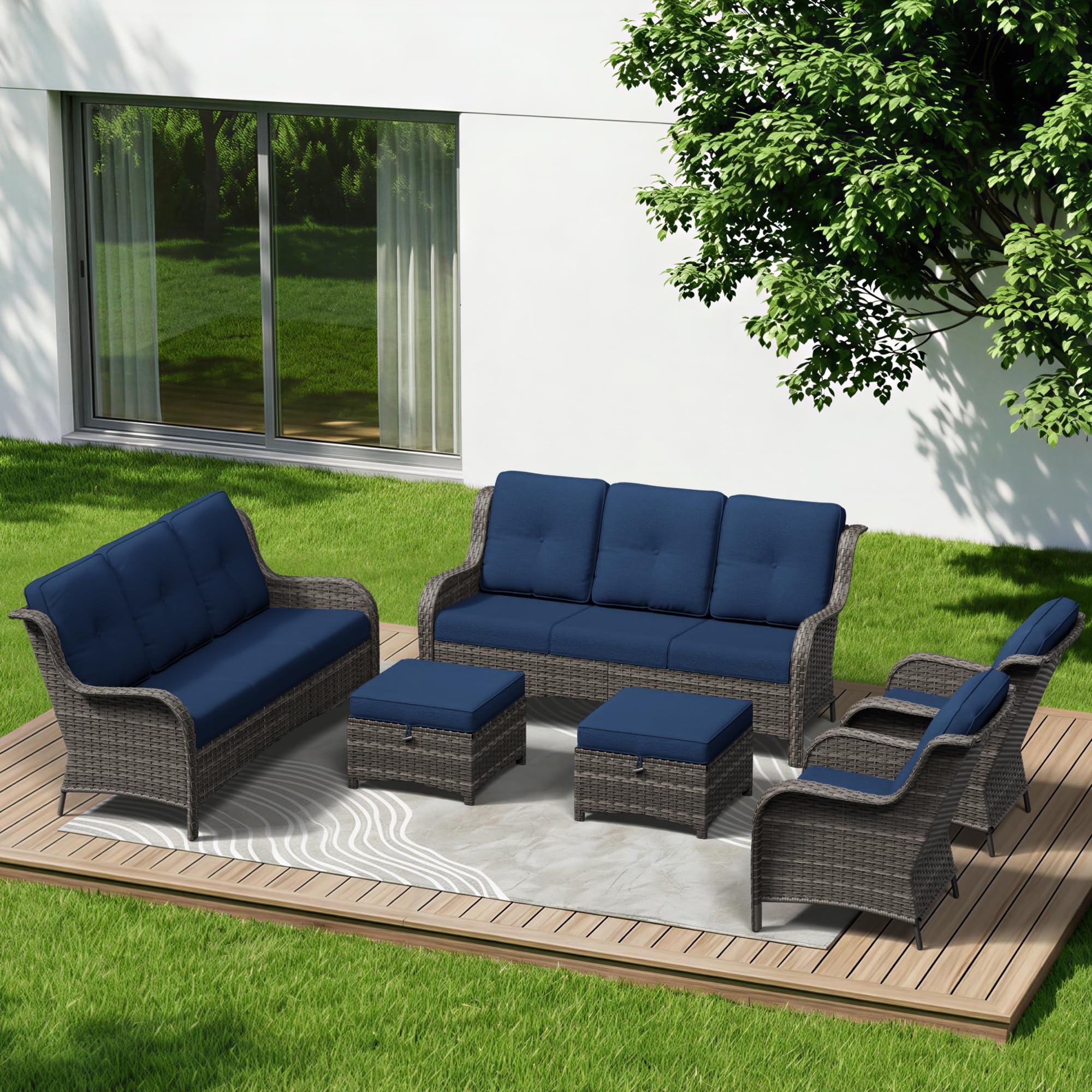 6 Piece Outdoor Wicker Patio Furniture Set, Patio Chairs Set with Thickened Olefin Cushions, High Back and Deep Seating, Hand-Woven PE Rattan, Ottoman for Porch, Deck