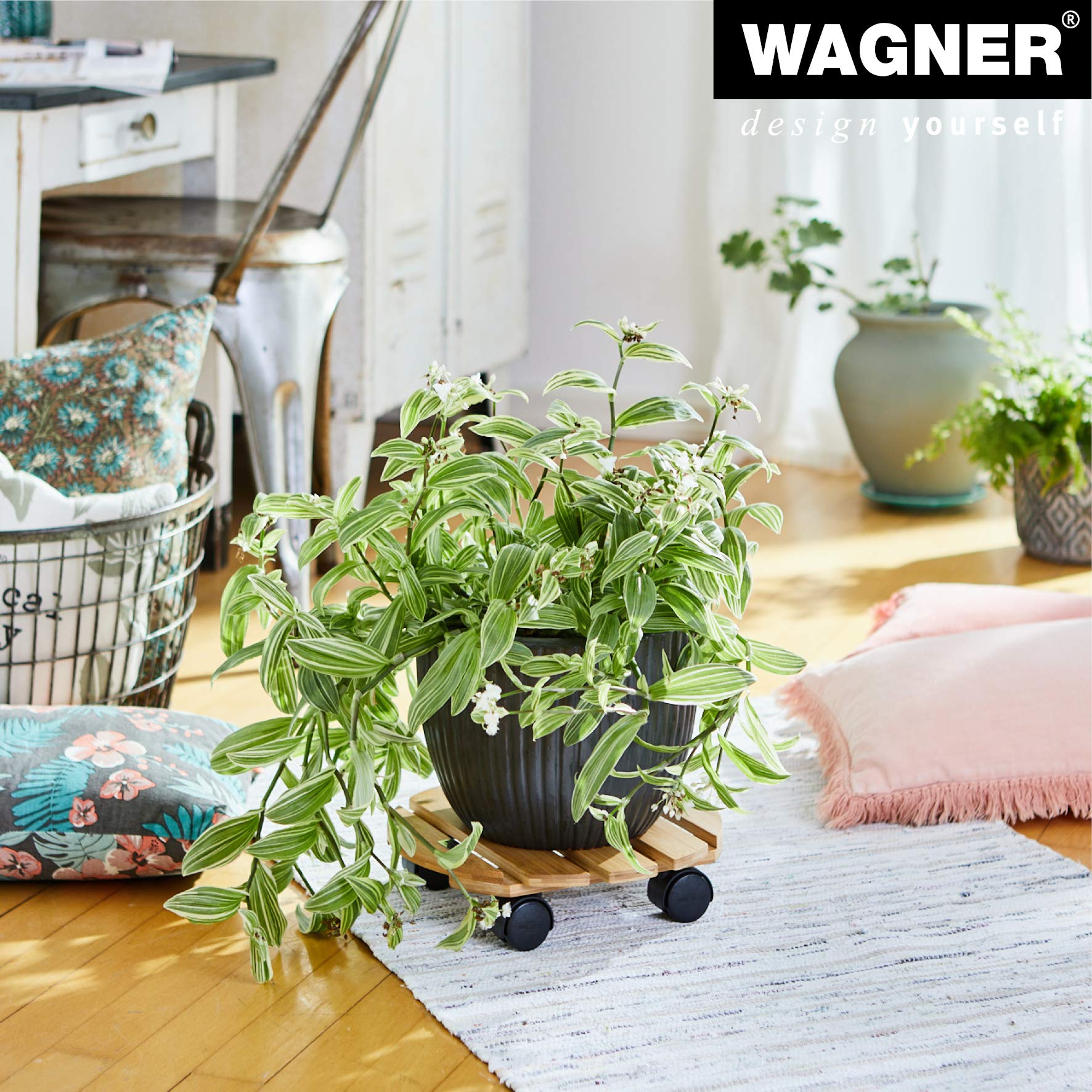 WAGNER Design Yourself Carrello per Piante Bamboo Ø 29 x 7 cm, Carrello per Piante per Interni, bambù Chiaro, Portavaso in Legno con Ruote, Portata 100 kg - 20026701
