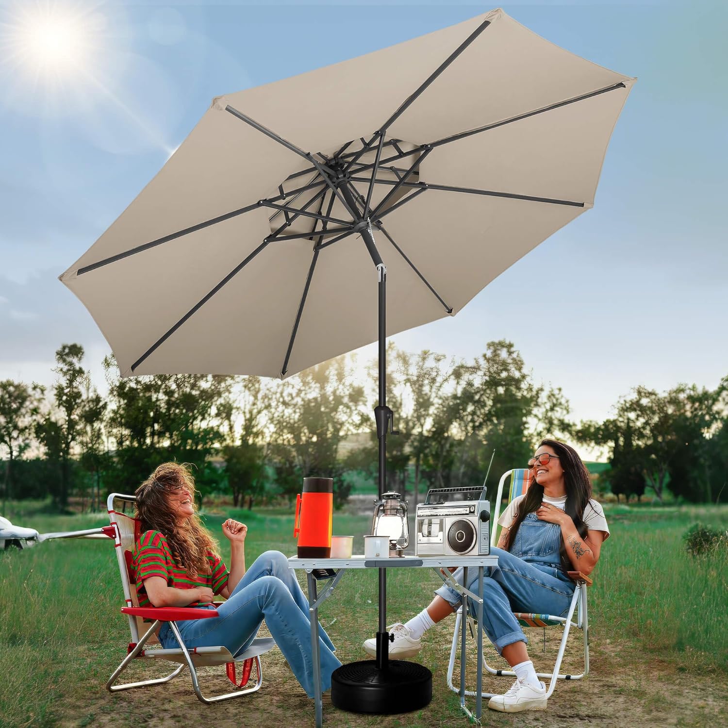 FLAME&SHADE 2 Tiers 9ft Solar Light Patio Umbrella, 40 LED lights outdoor umbrella with Centre Surround Light, Table Market Umbrella for Deck, Pool, Porch, Backyard, Garden (Taupe)