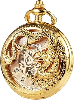 Mens Antique Skeleton Mechanical Golden Pocket Watch Dragon Hollow Hunter with Chain and Box