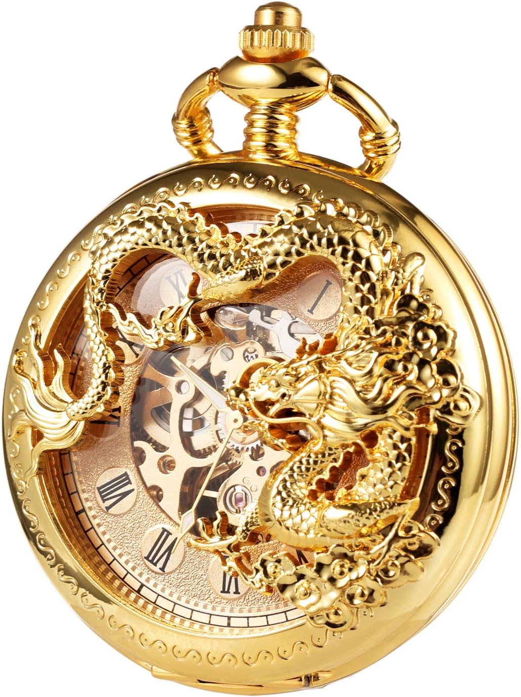 Mens Antique Skeleton Mechanical Golden Pocket Watch Dragon Hollow Hunter with Chain and Box