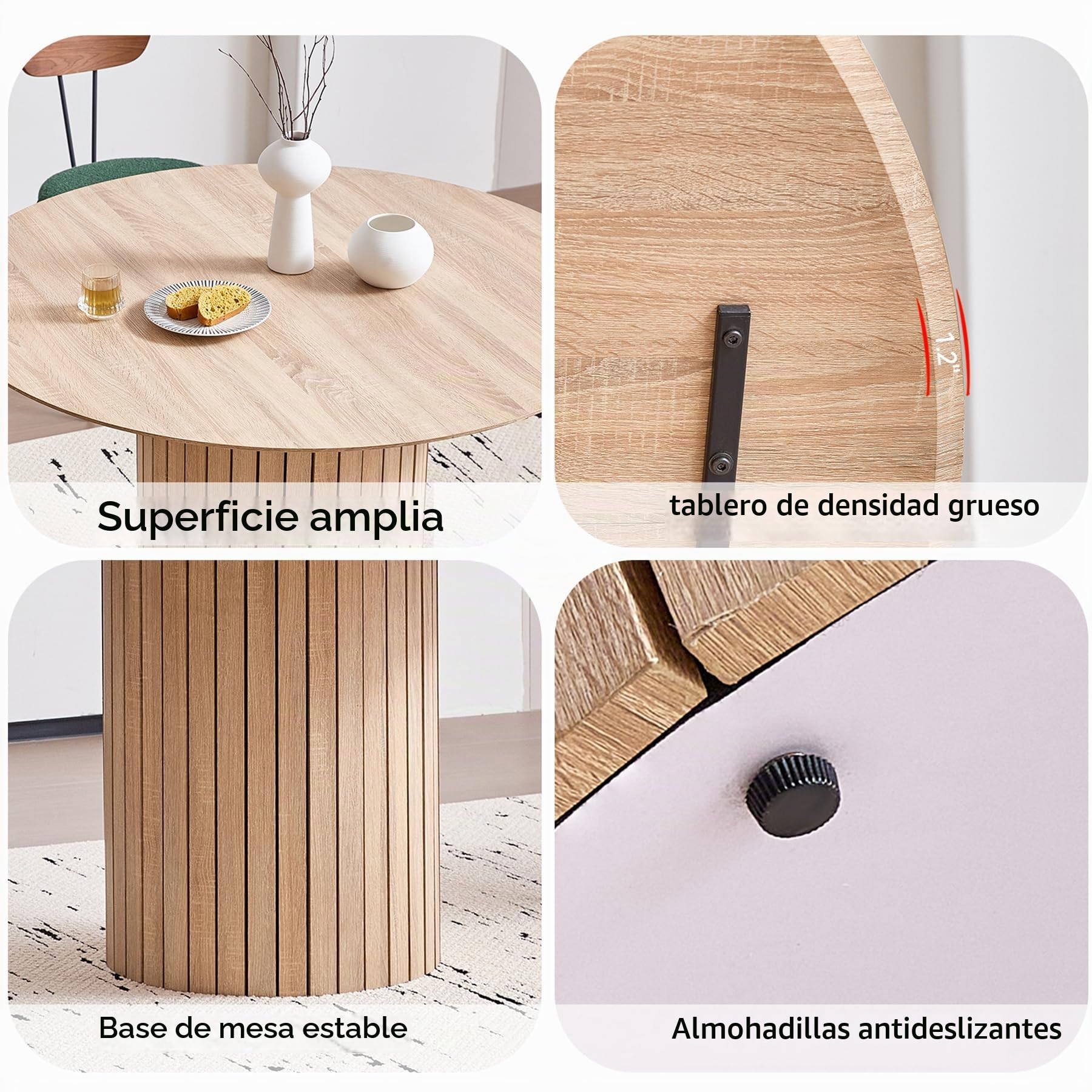 Mesa de Comedor Redonda para 4-6 Personas, Mesa de Comedor de Granja con Base de Pedestal de Listones de Madera, Mesa de Cocina en MDF (Natural, 120 * 120 * 76cm)