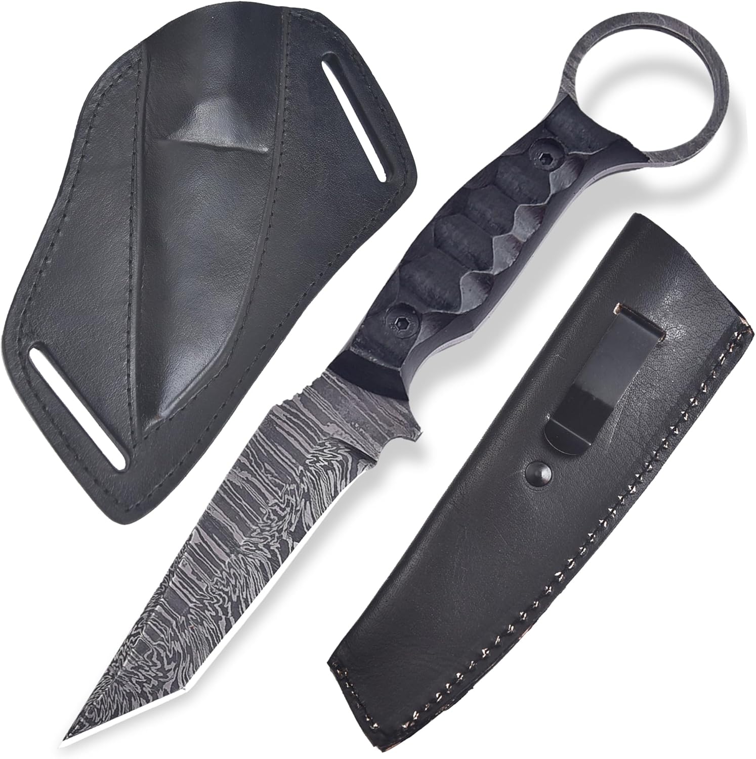 Handmade Tanto Fixed Blade Knife with Micarta Handle, Full Tang Damascus Steel Bushcraft Survival Knife, Camping & Hunting Knife with Pancake & Clip Sheath, Durable Outdoor Gift for Men ( Damascus Steel)