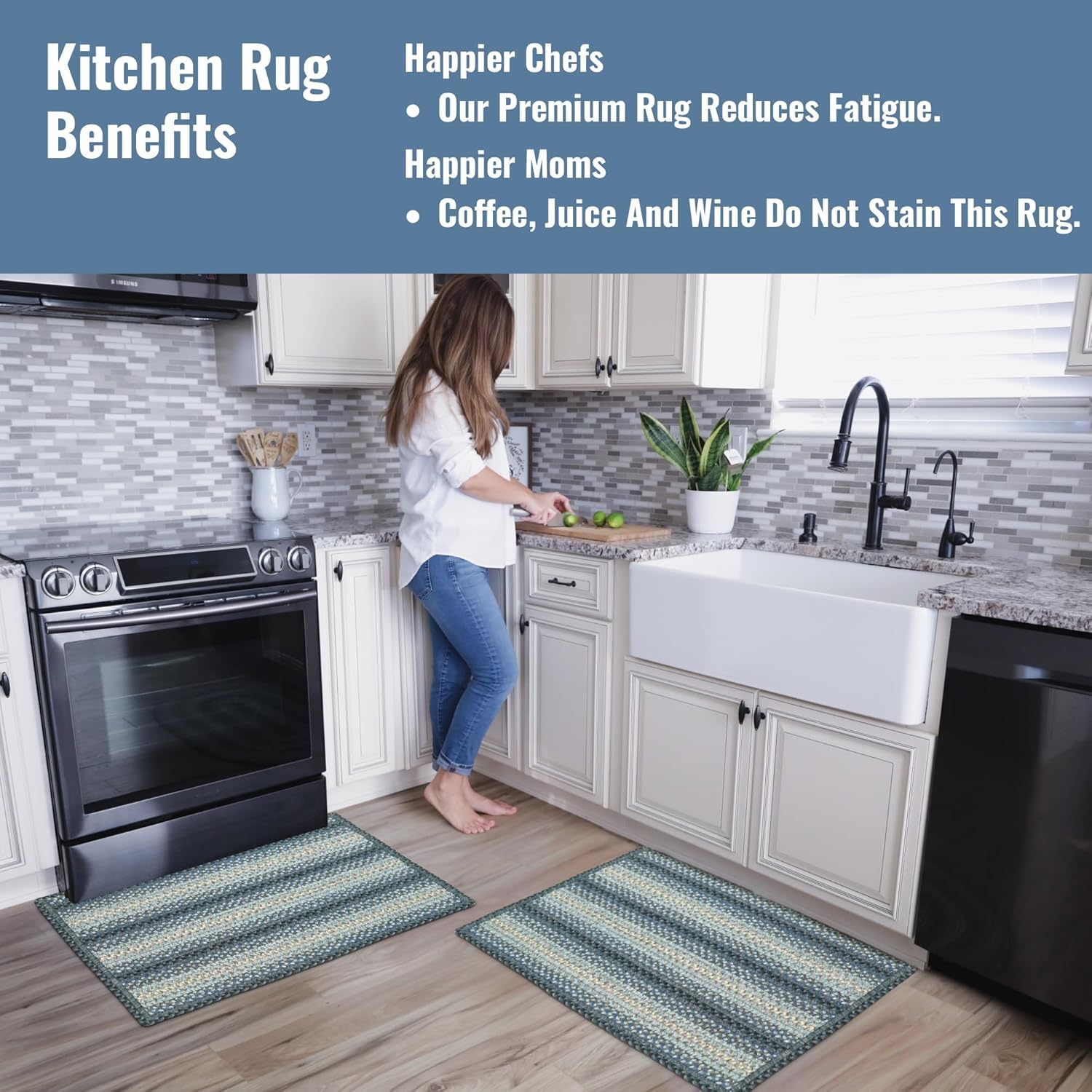 Homespice Blue Oasis Non Skid Kitchen Rug Set [2PCS] 2x3' and 27x72 with Rug Pads for Kitchen, Entryway, Bathroom Mat, Blue Kitchen Rug, Outdoor Country Primitive Style