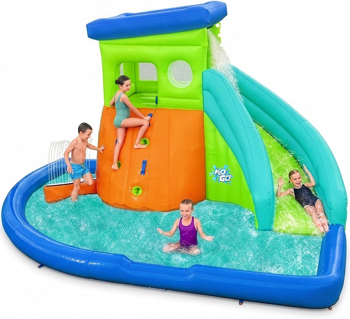 ¡H2OGO! Parque acuático inflable para niños HydroHangout con soplador resistente | Tobogán acuático inflable, para niños a partir de 5 años, inflado en 2 minutos, material duradero, pared de rociadores, casa club con sombra, piscina de chapoteo