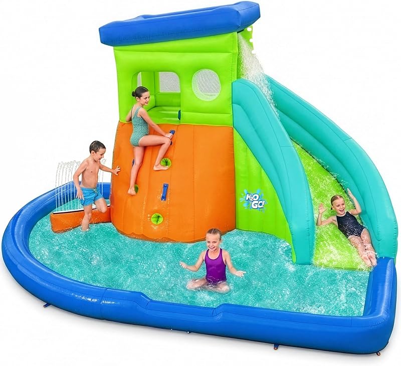¡H2OGO! Parque acuático inflable para niños HydroHangout con soplador resistente | Tobogán acuático inflable, para niños a partir de 5 años, inflado en 2 minutos, material duradero, pared de rociadores, casa club con sombra, pileta de chapoteo