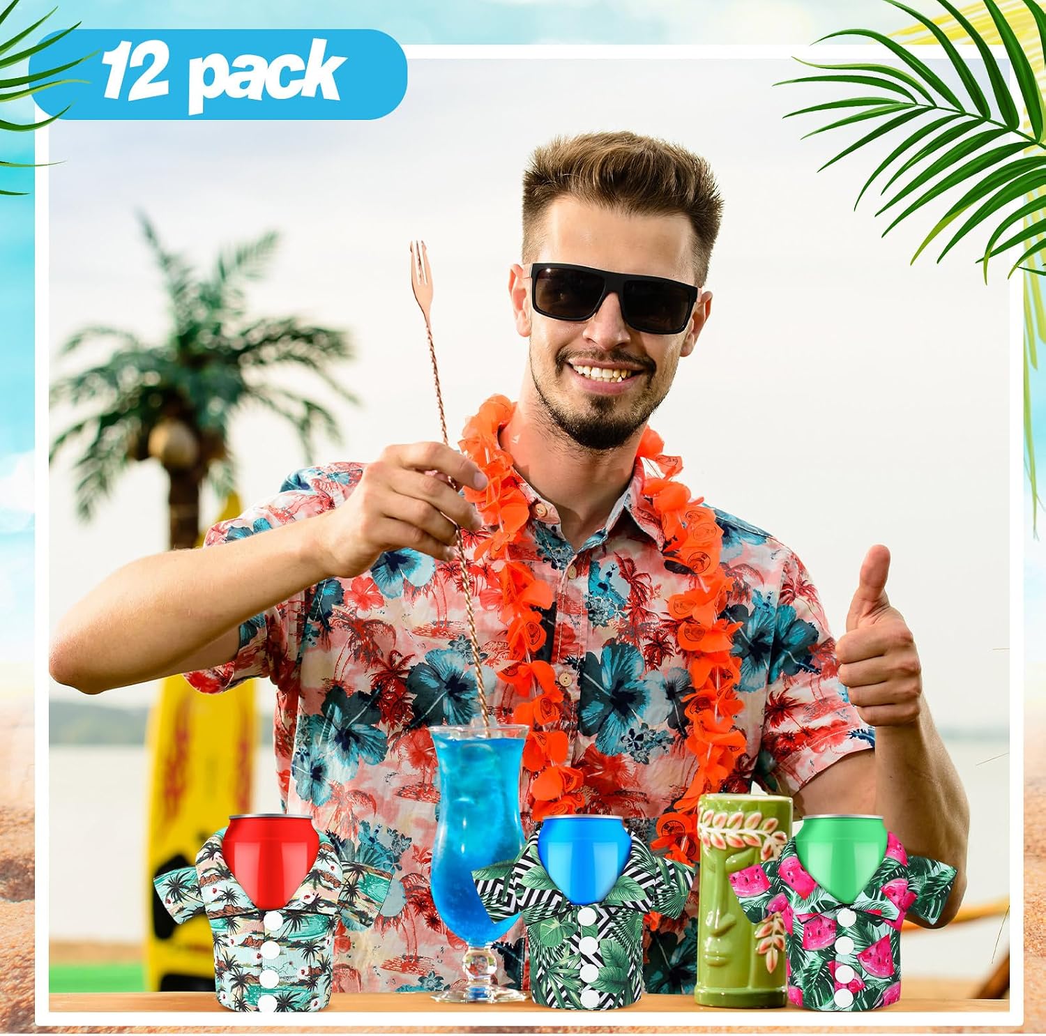 Pickmesh 12 Pack Tropical Shirt Can Cooler Sleeves 12 oz Hawaiian Funny Can Cooler Bulk for Beer Beverage Soda Birthday Beach Themed Party Favor