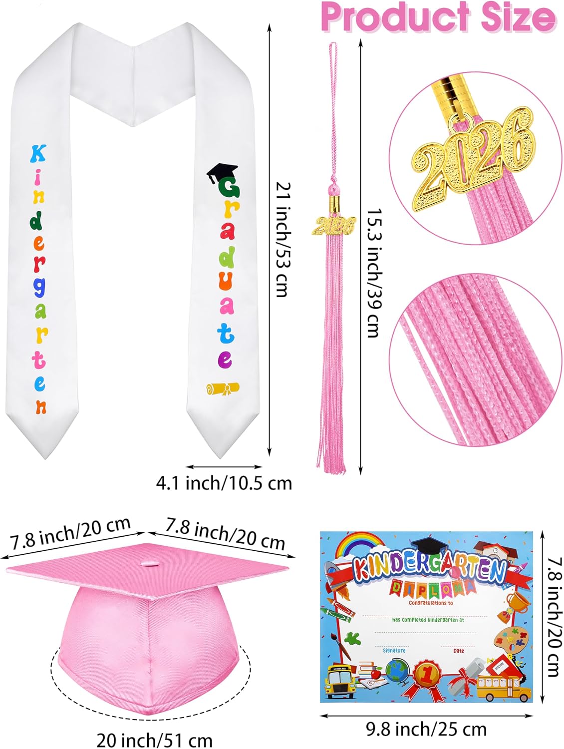 SOMSOC 7 Pack Kindergarten Graduation Cap and Gown Tassel Stole with 2026, 2027 Charms Certificate for Preschool Kids
