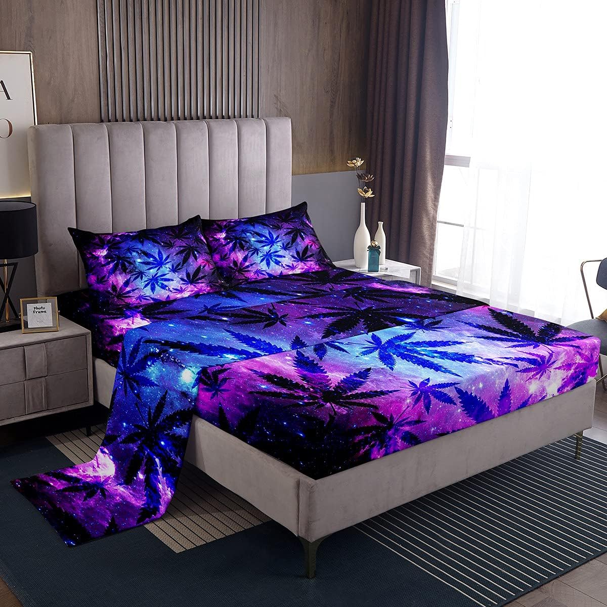 Feelyou Galaxy Sheet Set Twin Size for Kids Boys Girls Marijuana Weed Leaf Bed Sheets Set Teens Cannabis Leaves Bedding Set Chic Luxury Starry Sky Bedding Sheet, Purple Blue,Microfiber, Soft