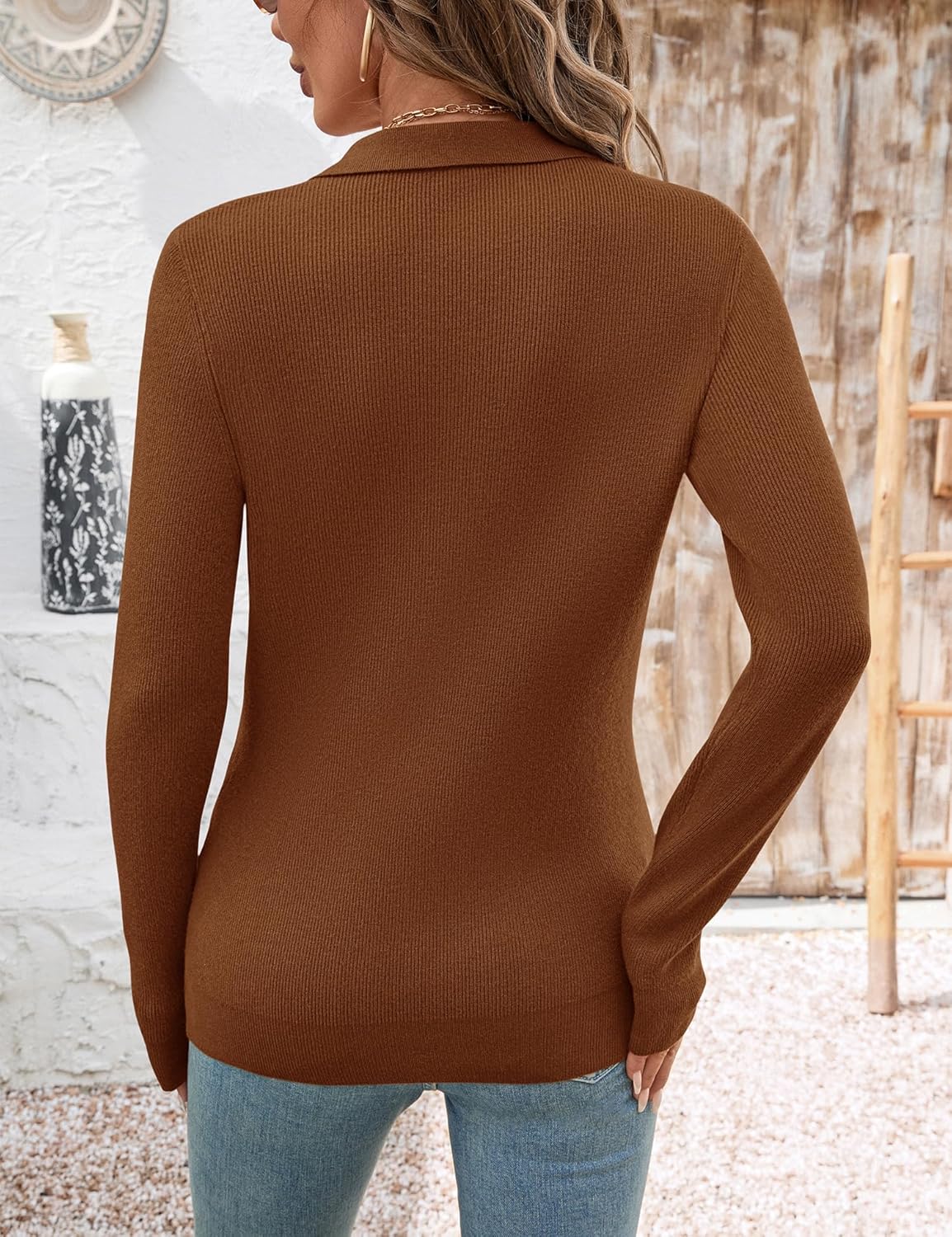 Romanstii Women's Knitted Collared Sweaters Long Sleeve V-Neck Polo Shirts Winter Pullover Tops - Image 3