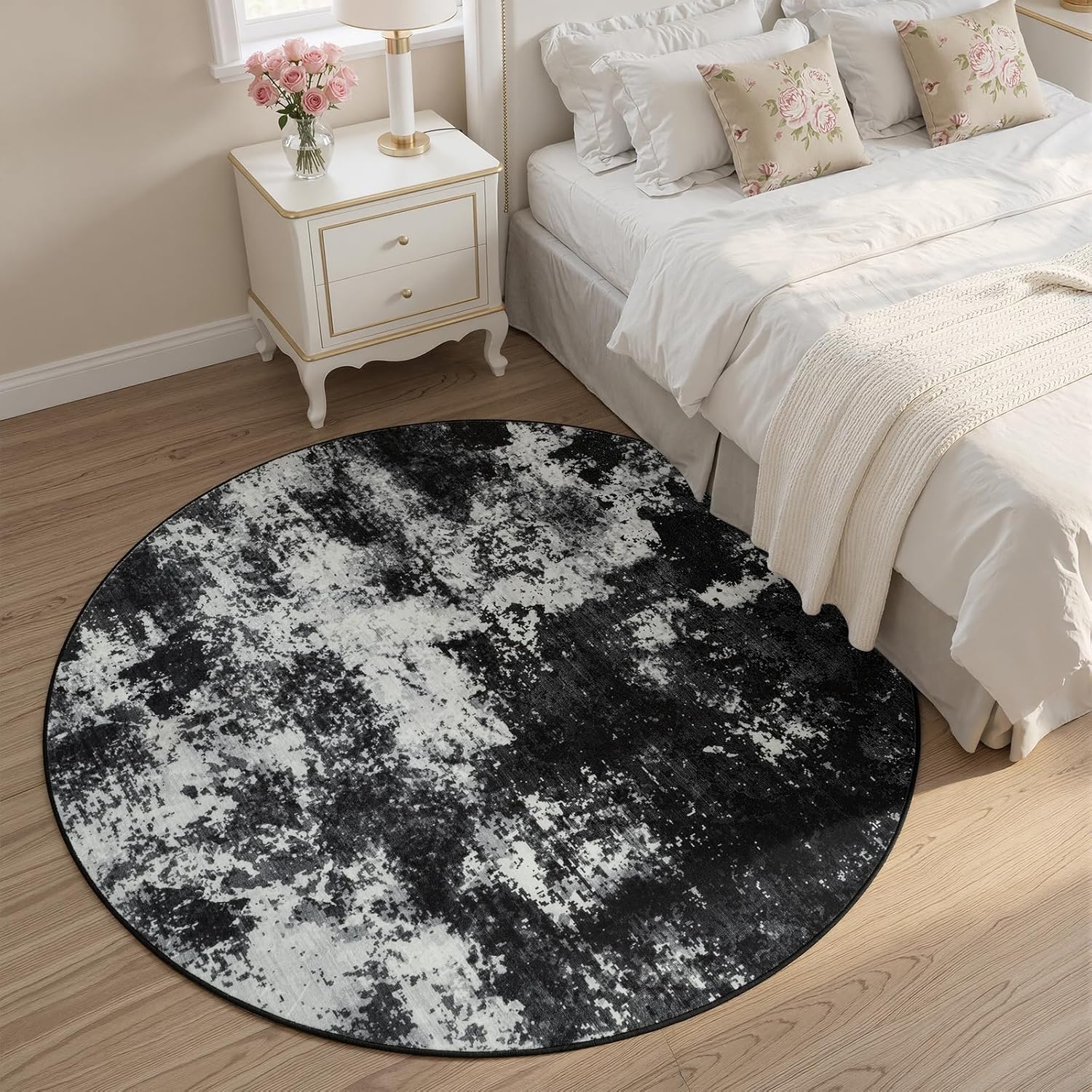Merelax 4ft Round Black Abstract Area Rug, Washable Non Slip Circle Rug for Entryway, Kitchen, Bedroom, Bathroom, Nursery, Living Room, Thin Soft Circular Rugs Indoor Décor, Low Pile Carpet