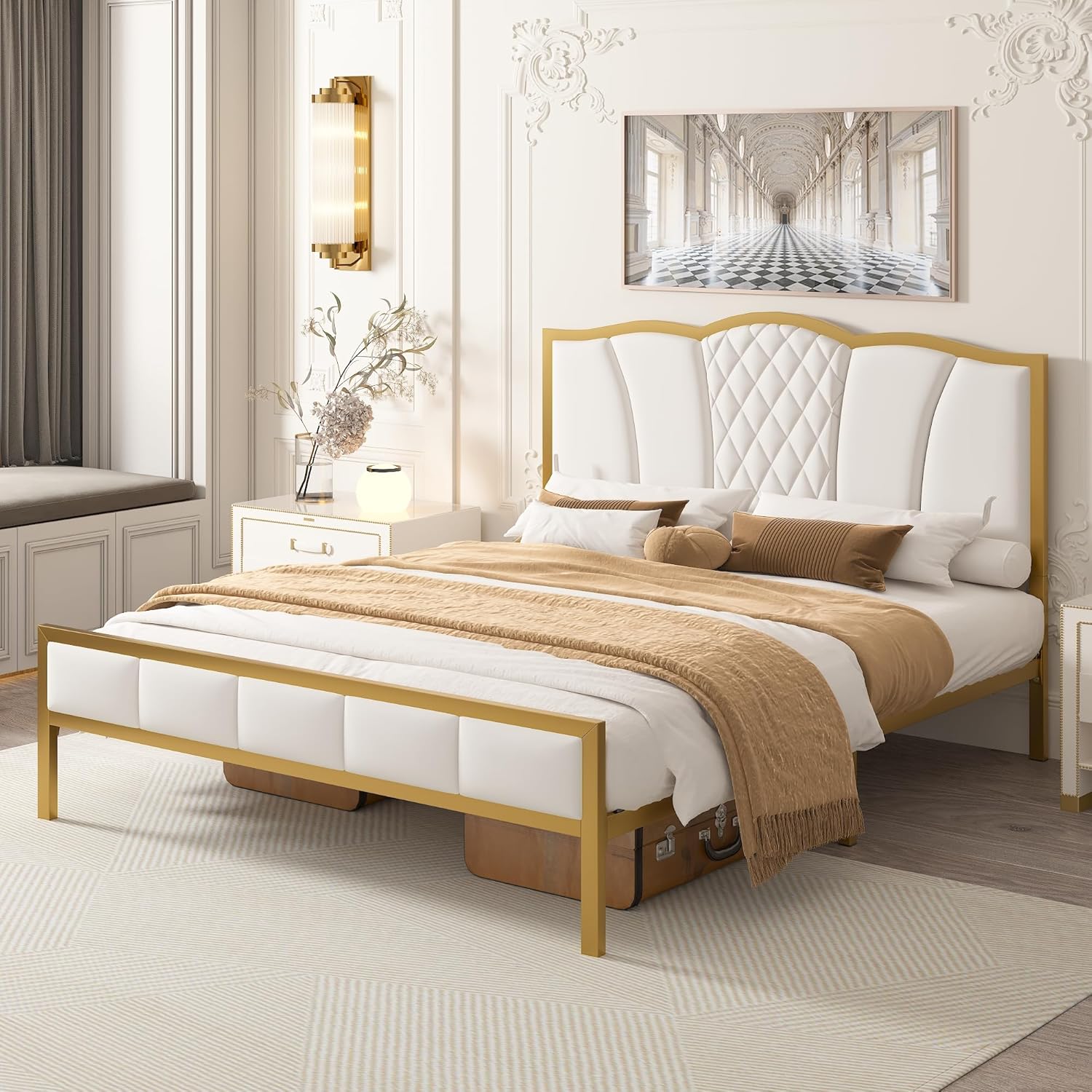 Harper & Bright Designs Queen Size Bed Frame, Upholstered Queen Platform Bed with Tufted Headboard, Heavy Duty Metal Queen Bed with Wood Slat Support, Noise Free, No Box Spring Needed, (Beige+Gold)