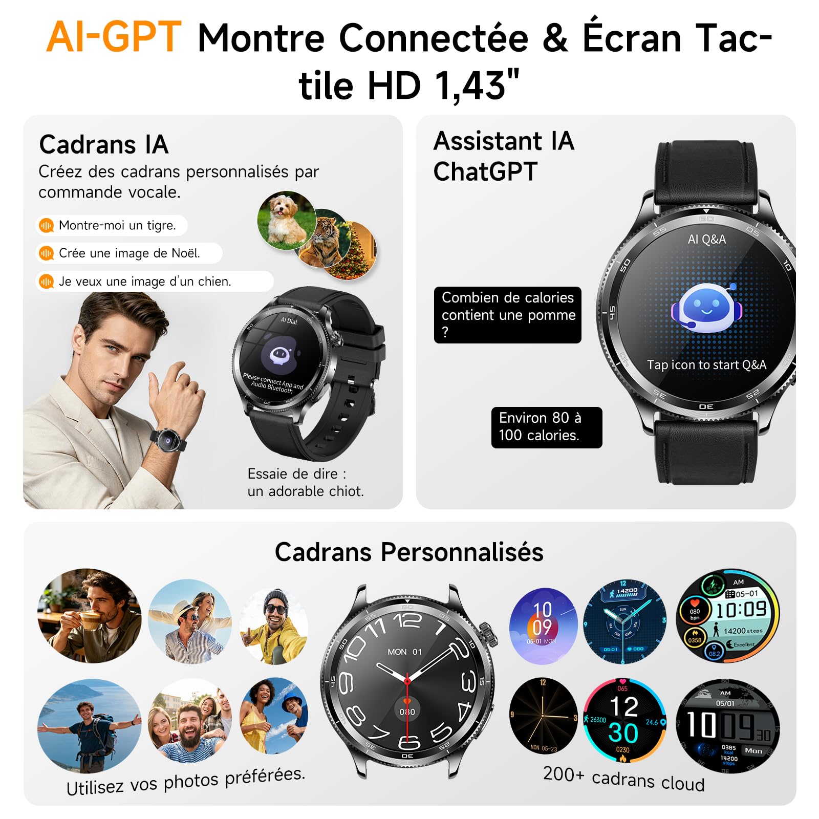 Montre Connectée Homme ECG/Pressιon artérιelle/IMC, Cuir Noir