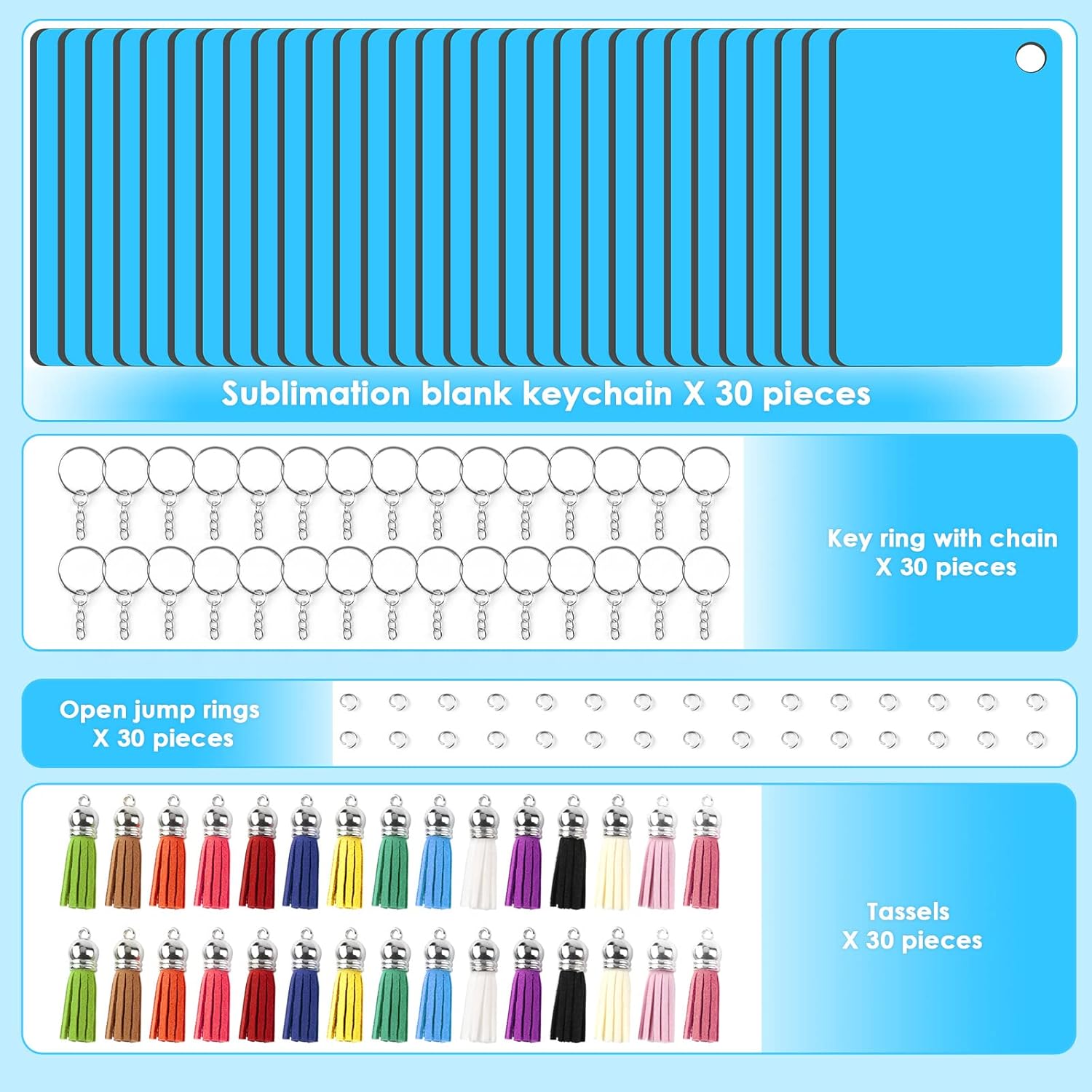 HTVRONT Sublimation Keychain Blanks - 120Pcs with Blue Protective Film - MDF Rectangle Keychain with Tassels - Heat Transfer Double Sided - Image 4