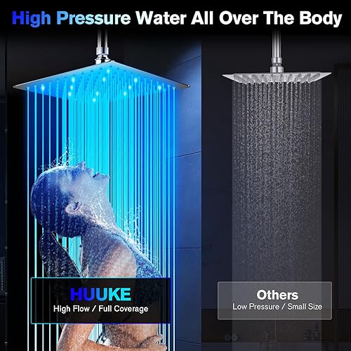 Miniatura 4 de Cabezal de ducha de lluvia de alta presión de 10 pulgadas con LED, cabezal de ducha fijo cuadrado cromado antiobstrucción, rótula de latón ajustable