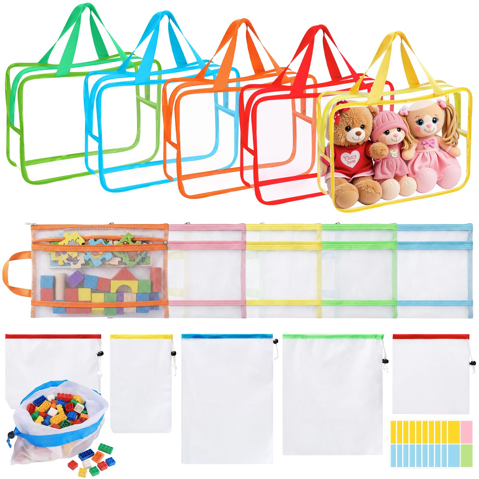 15 Pcs Toy Storage (Organization Mesh Bags with Drawstring, PVC Waterproof Organizer Bags, Clear Zipper Toy Storage Bags with Handles,Name Tag 10 Memo Cards) for Grocery, Shopping, Storage and Toys